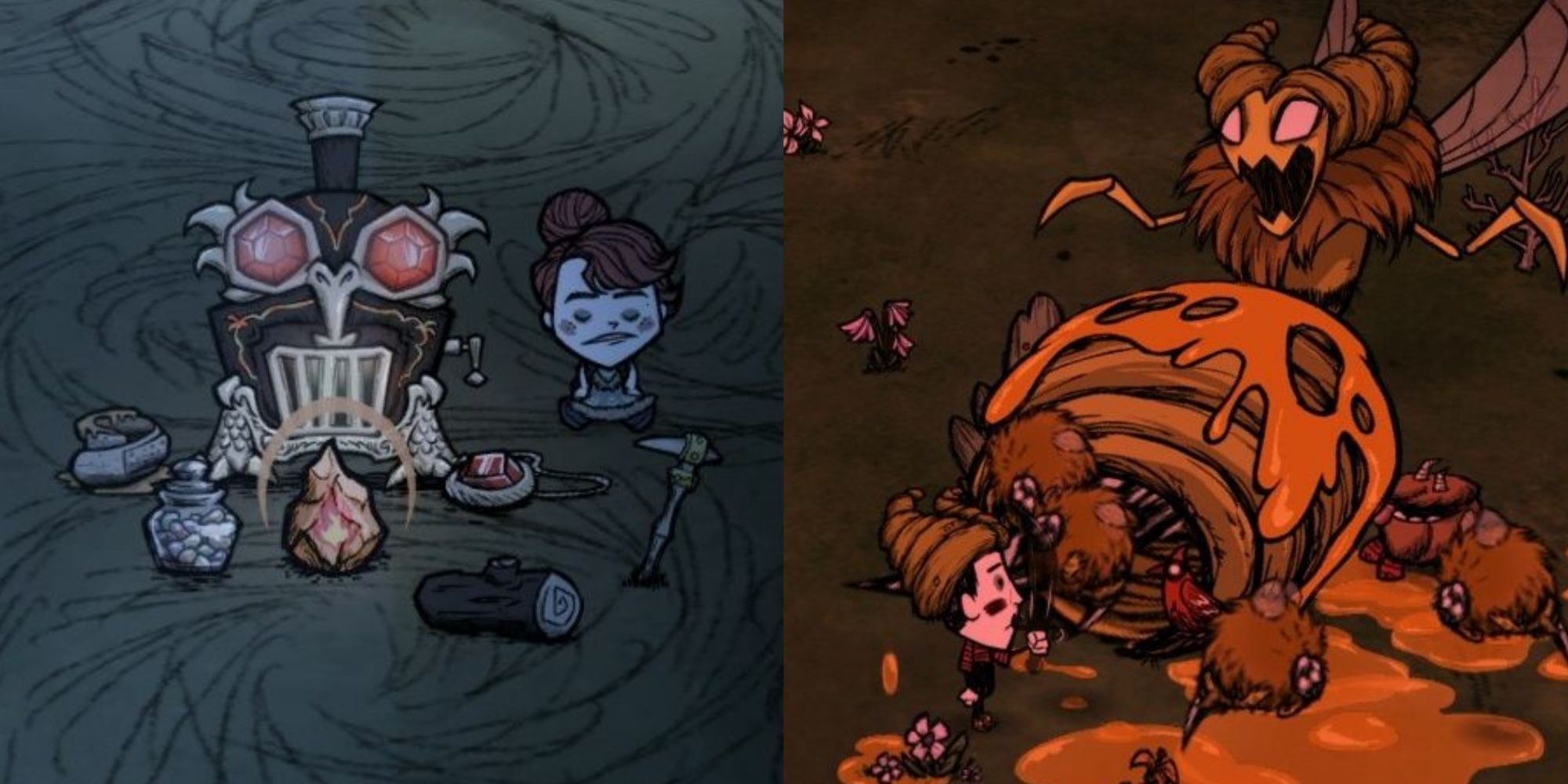 Split image of Wigfrid Sitting Beside Scaled Furnace Walking Cane Thermal Stone And Life Giving Amulet and Wes Fighting Bee Queen Wearing Bee Queen Hat in Don’t Starve Together