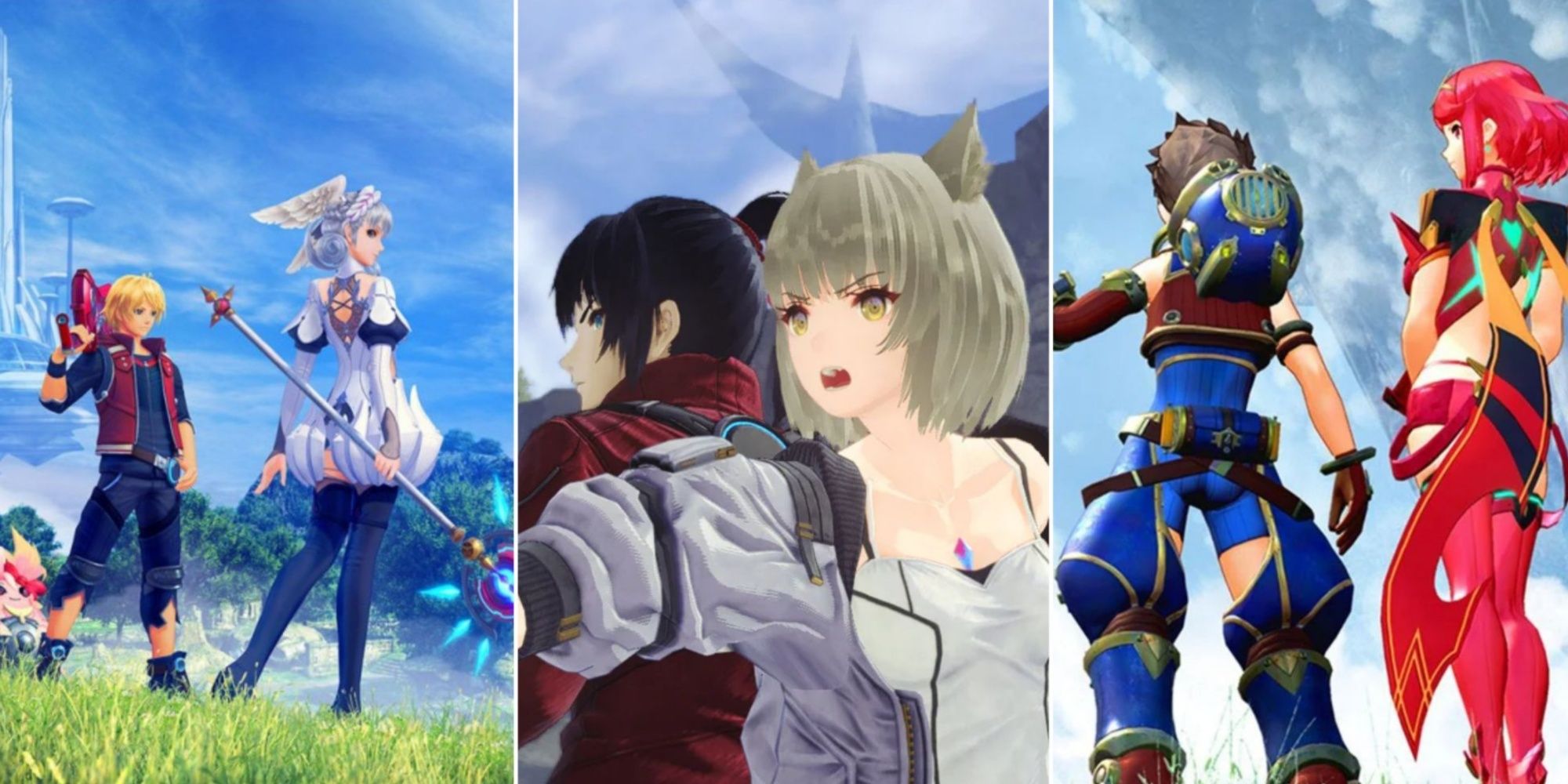 Split image of Shulk and Melia, Noah and Mio, and Rex and Pyra.