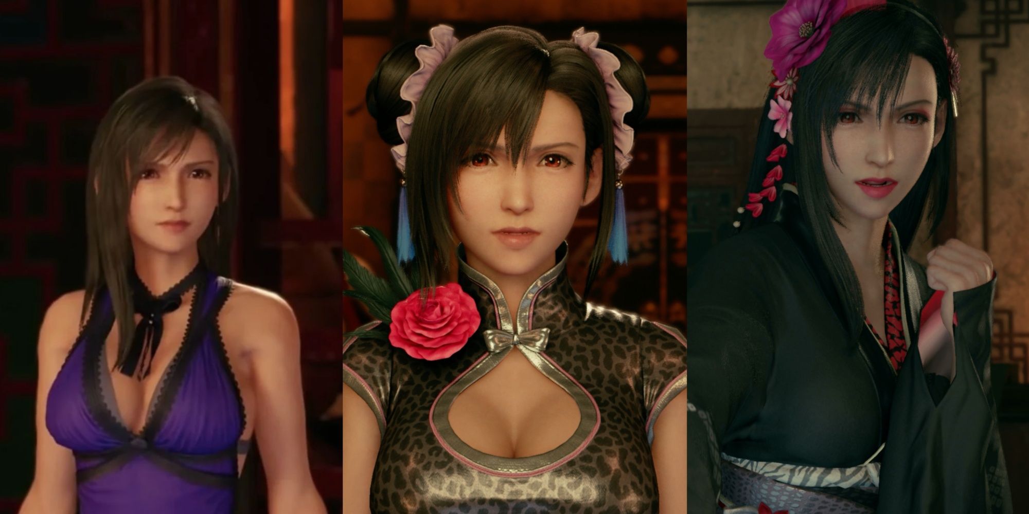 A split image of Tifa in 3 different dresses in Final Fantasy 7 Remake.