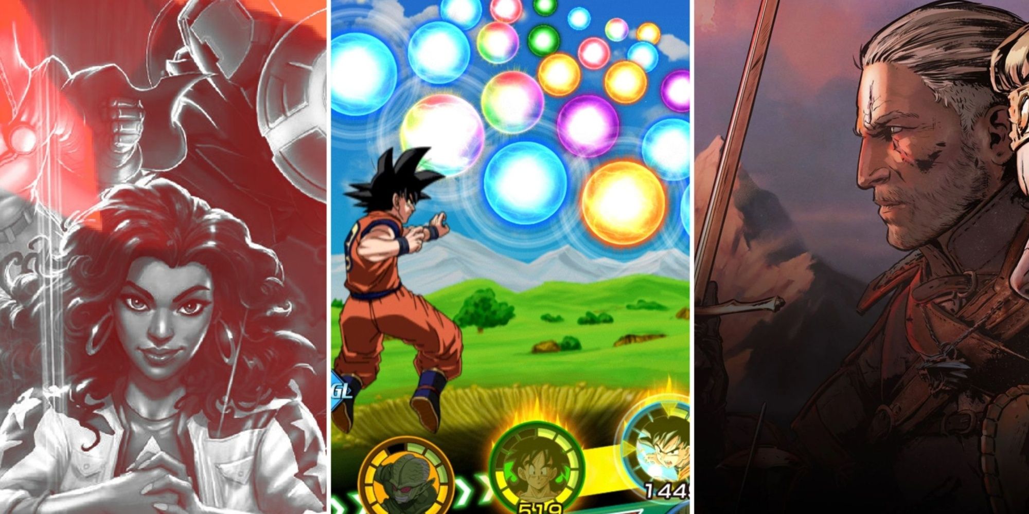 A collage showing Geralt, Goku, and another character from card games.