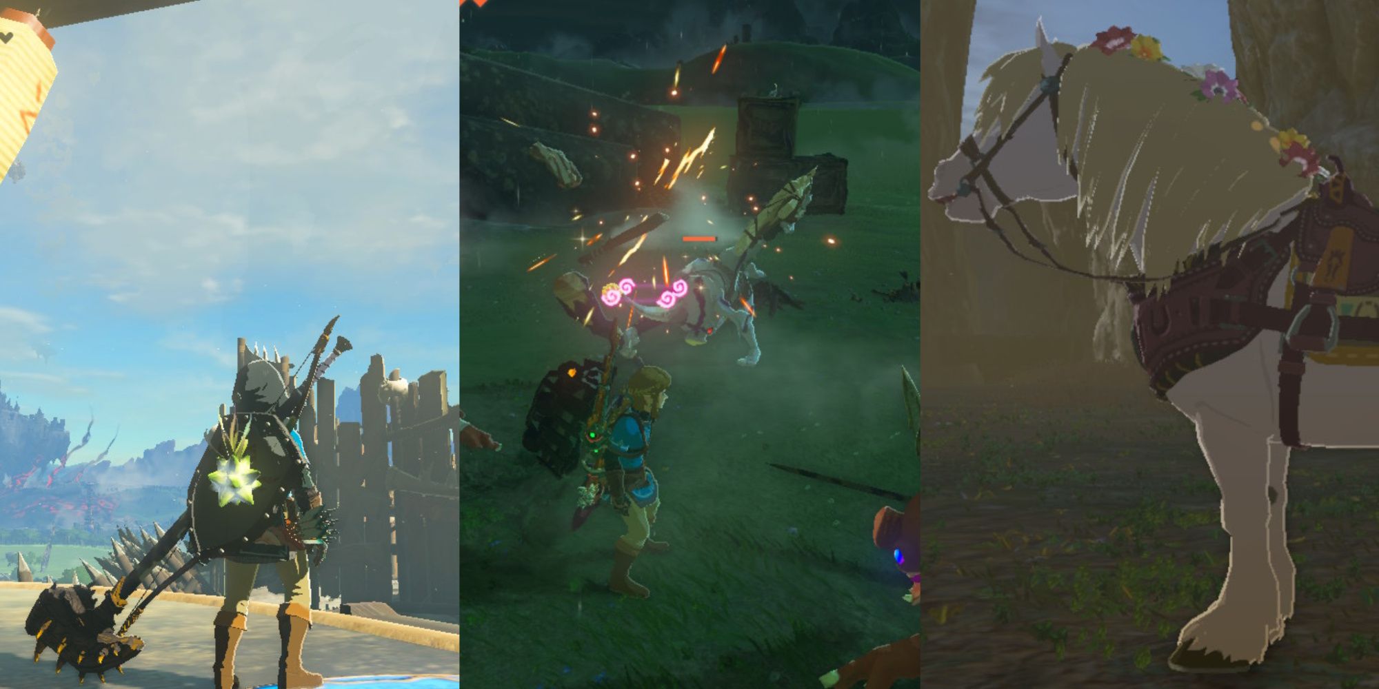 a dazzlefruit fused to a shield, the effects of a muddlebud on a silver bokoblin, and a horse wearing the towing harness
