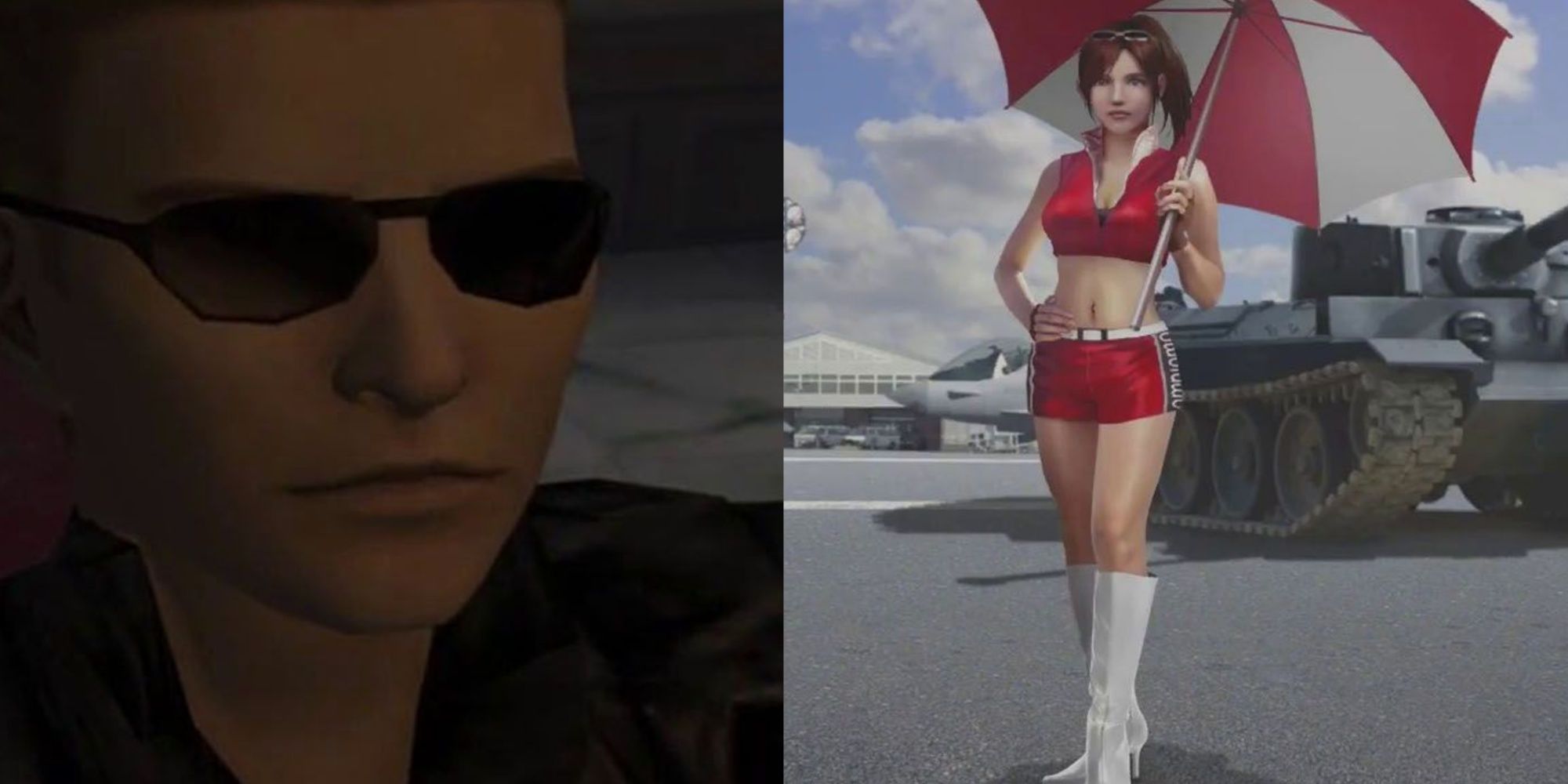 Split image of Albert Wesker and Alternate Claire in Resident Evil Code: Veronica.