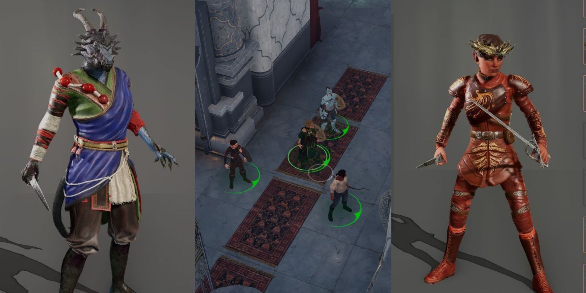 Split images of a Rogue, Court Mage formation, and a Way of Survival Monk in Solasta: Crown Of The Magister.