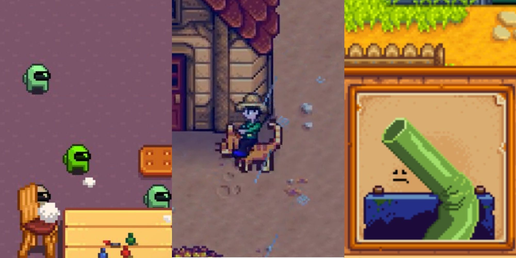 Featured Image, Stardew Valley, Among Us Crewmates Junimo Mod featuring the junimos restoring the craftroom, Horse Cat Mod featuring the farmer on the horsecat, Strawdew Valley mod featuring the George Straw