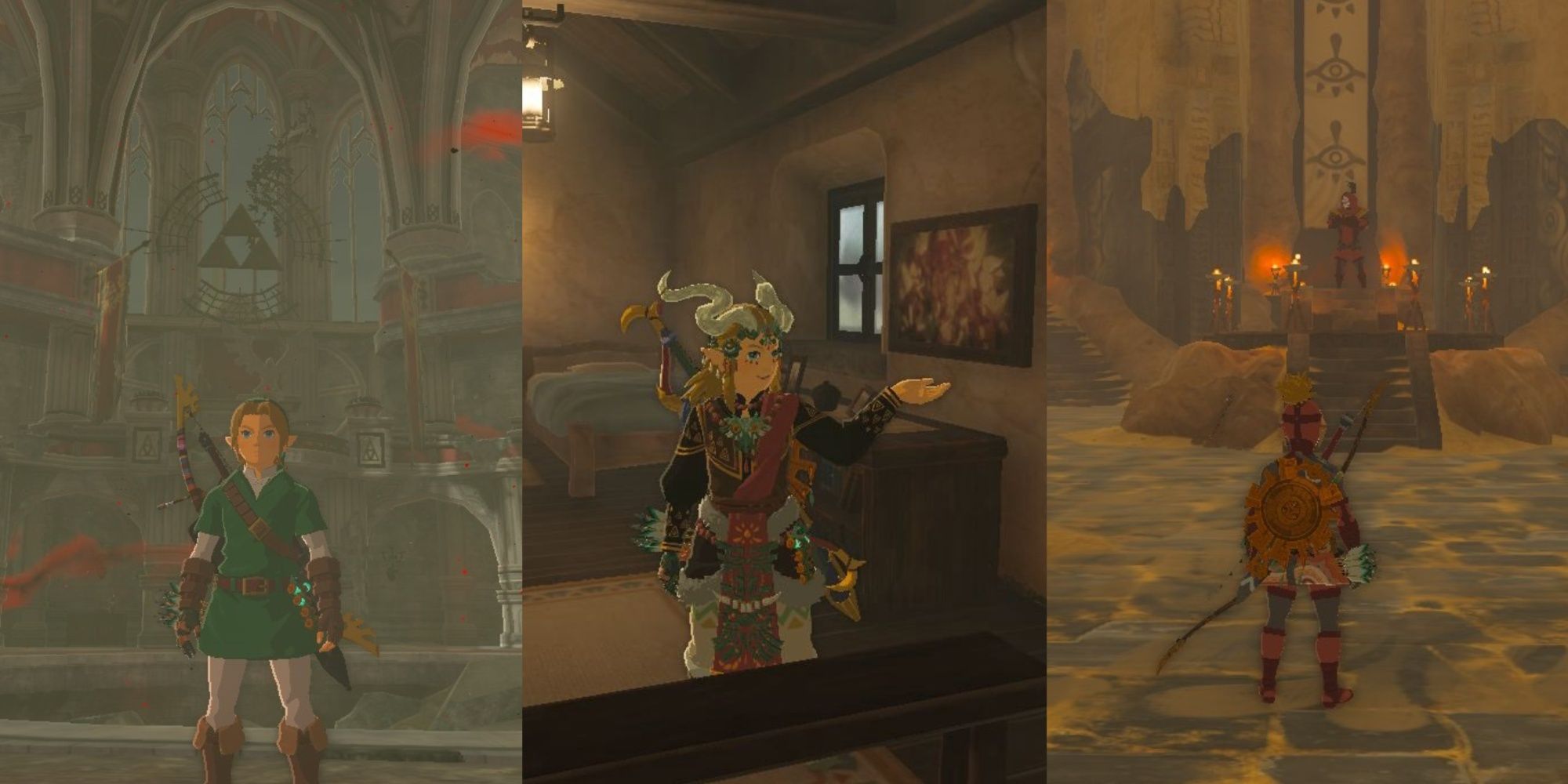 Split image of Link in the Hyrule Castle Sanctum, Link in his house in Hateno Village next to the Champions photo, and Link in the Yiga Clan disguise in the Yiga Clan Hideout in The Legend of Zelda Tears of the Kingdom.