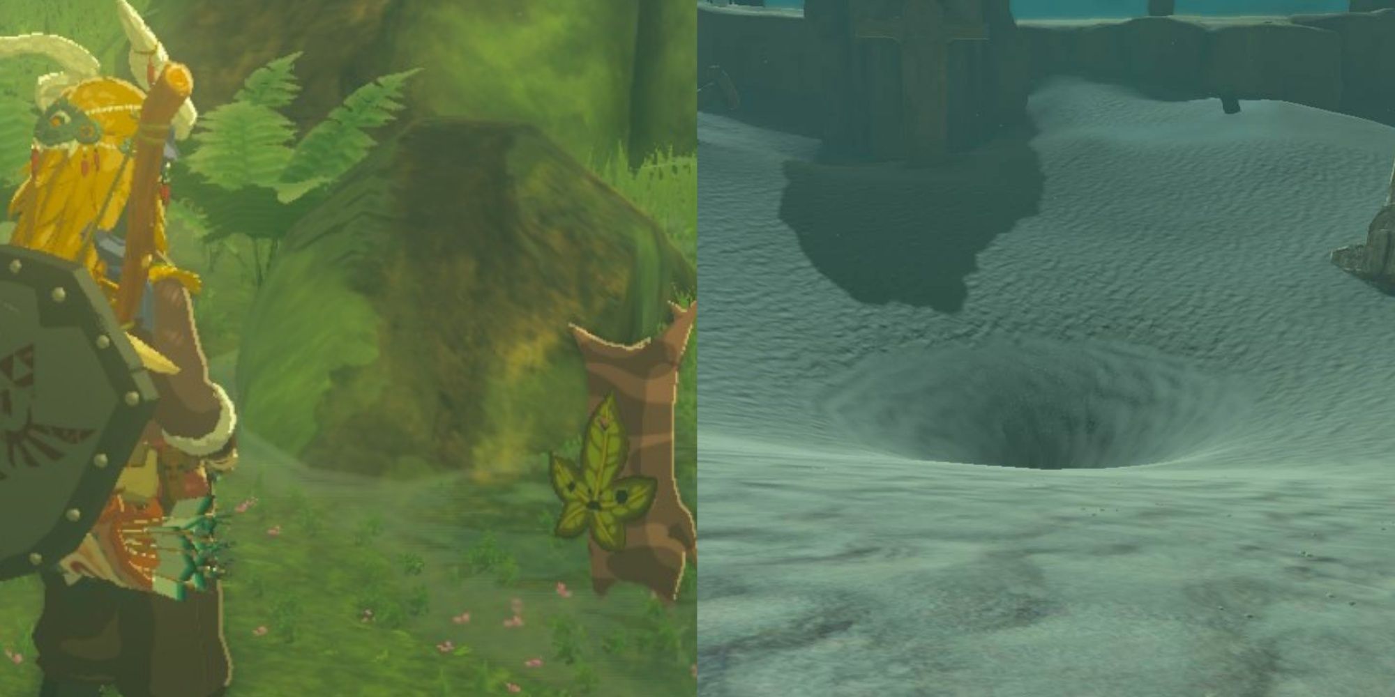 Split image of Link speaking to Kula and a quicksand sinkhole in The Legend of Zelda Tears of the Kingdom