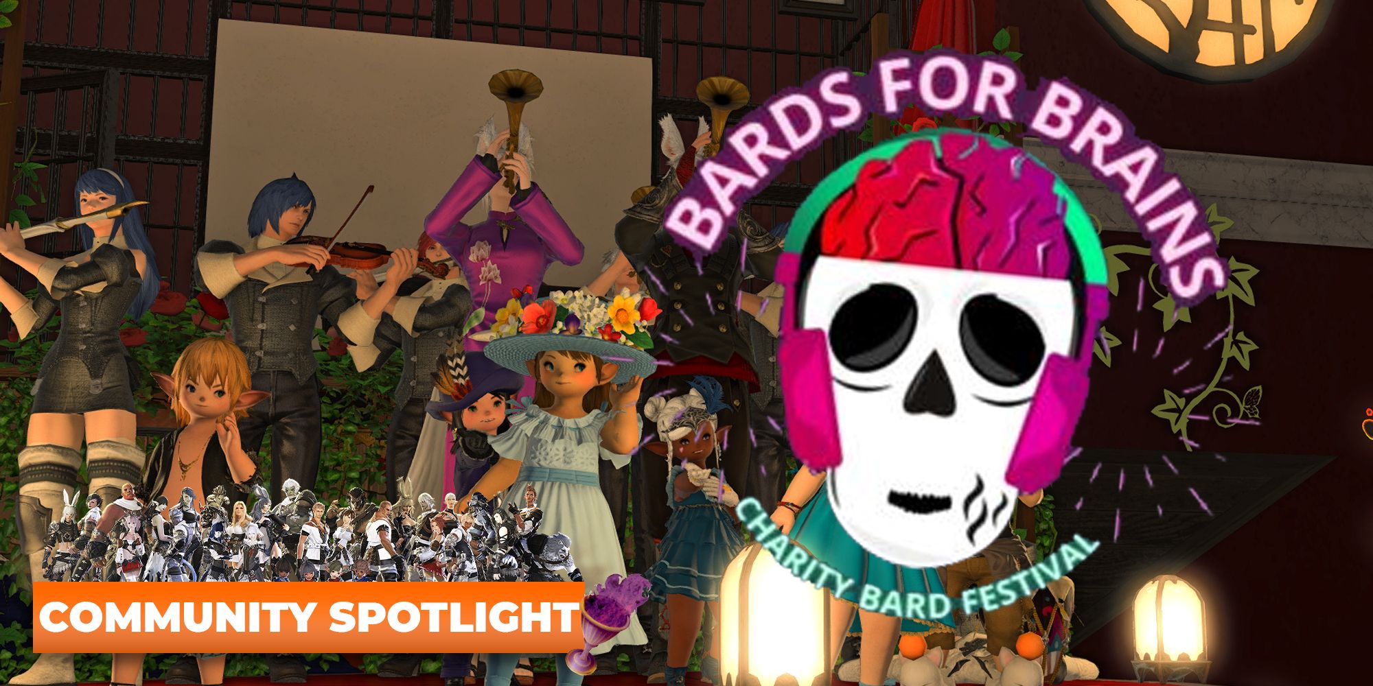 A bard band playing in Final Fantasy 14 with the Bards for Brains charity bard festival logo overlaid on the image.