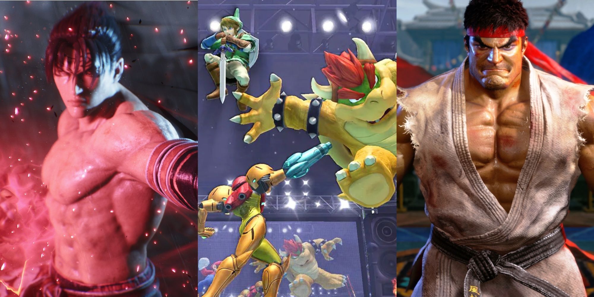 A Tekken character poses, Super Smash Bros characters fight, and Ryu poses