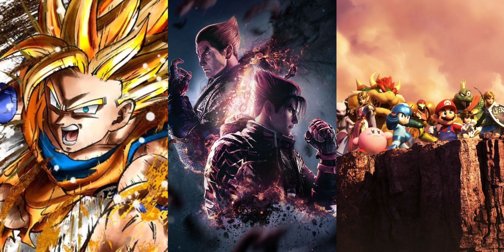 Goku punches, Tekken 8 promo art, and Super Smash Bros roster on a cliff