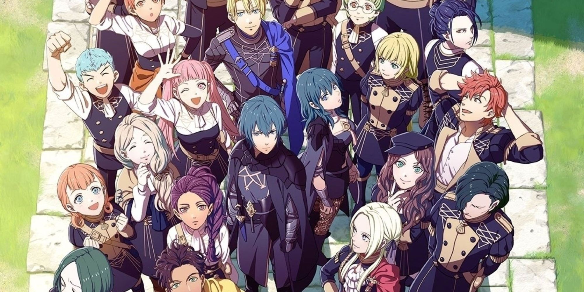 Male and Female Byleth stand on a path surrounded by their students