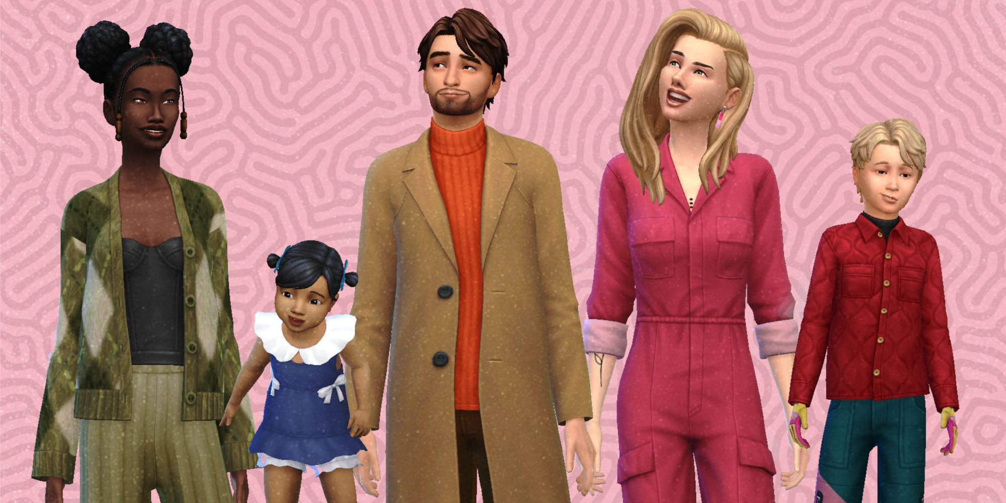 Five Sims from Sims 4 posing in various outfits