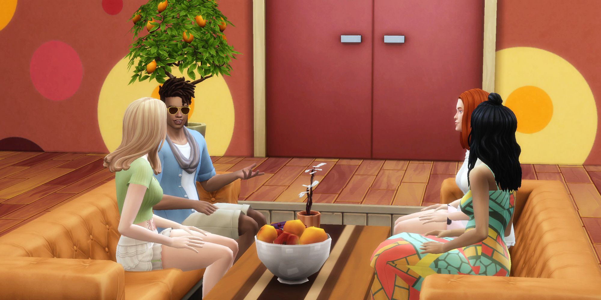 Four Sims from The Sims 4 having a conversation in a brightly colored room