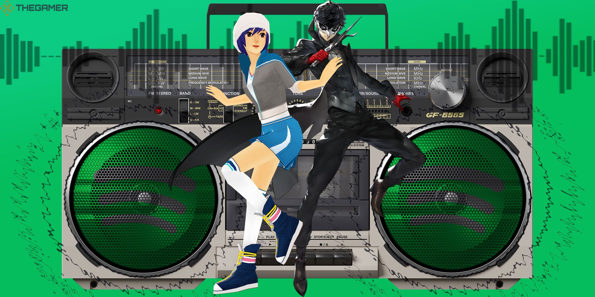 Emi from Dance Dance Revolution and Joker from Persona 5 dance in front of a boombox with custom Spotify themed speakers.