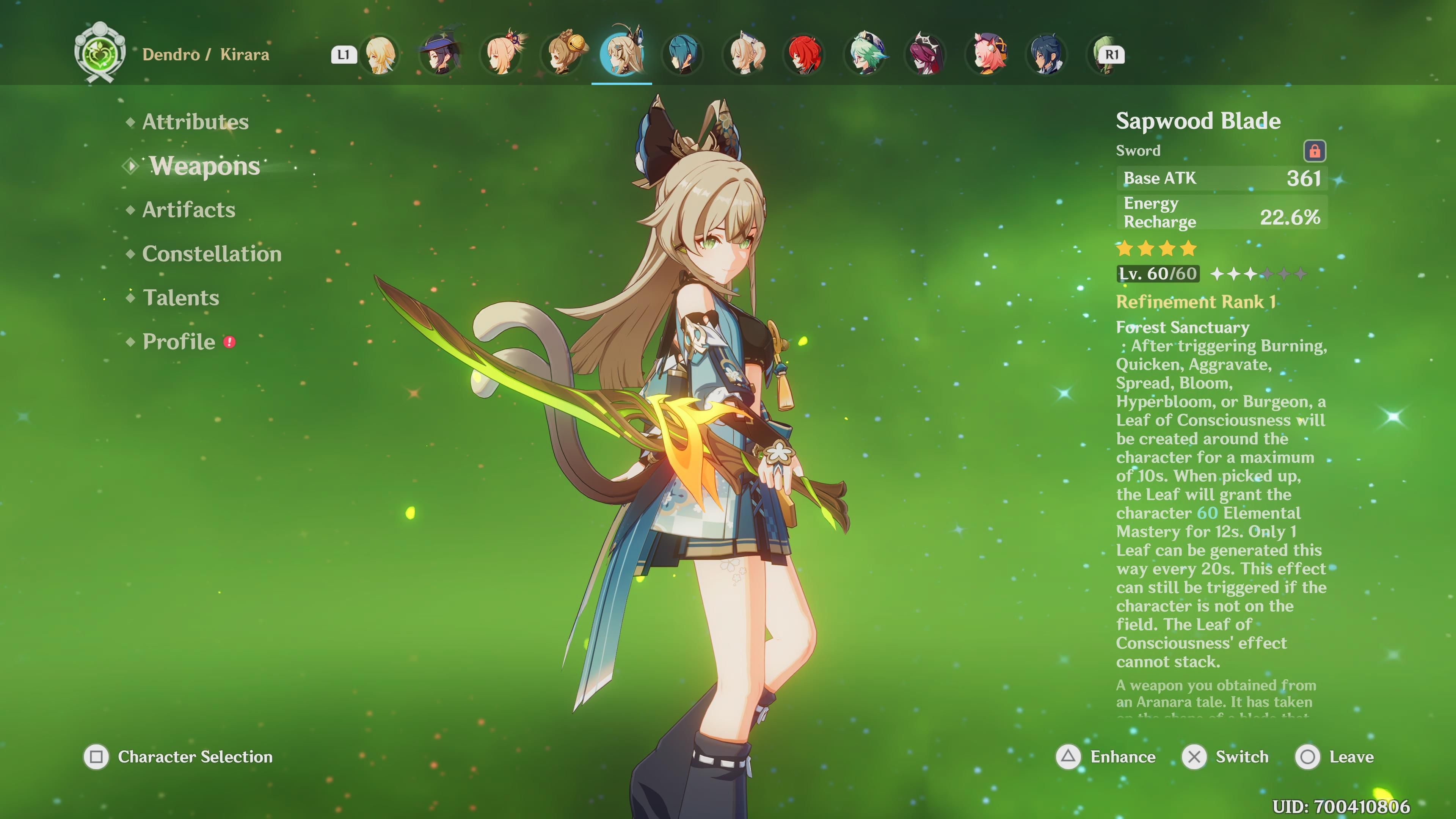 Genshin Impact - Kirara poses with a sapwood blade on the character screen