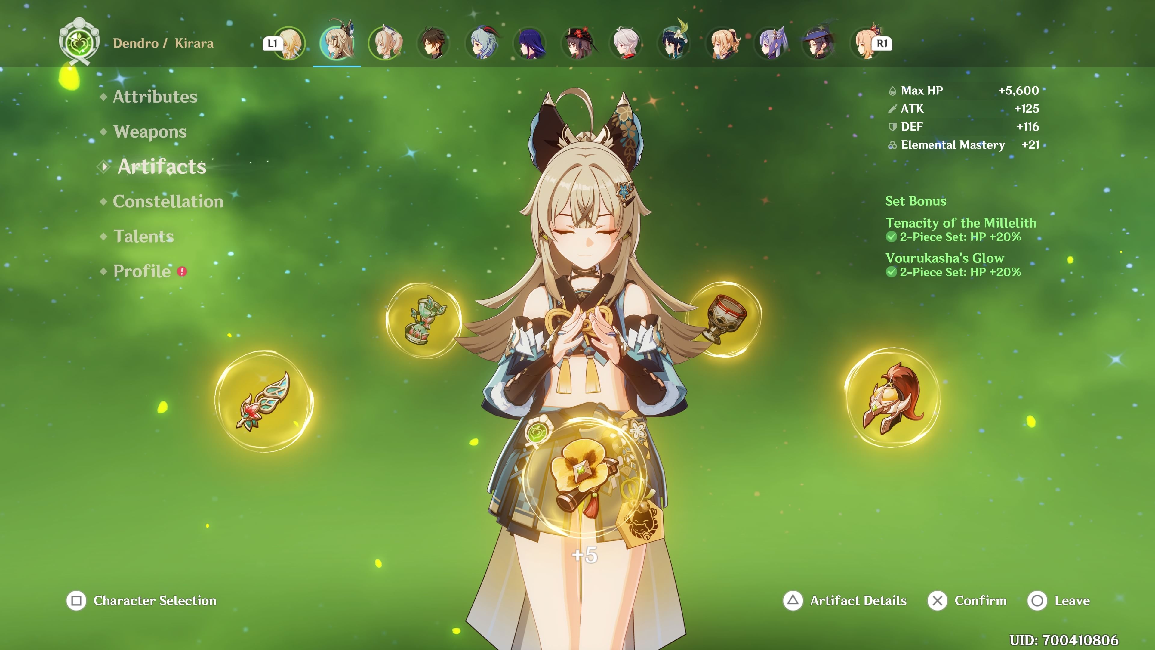 Genshin Impact: Kirara showing her Artifacts in the character menu