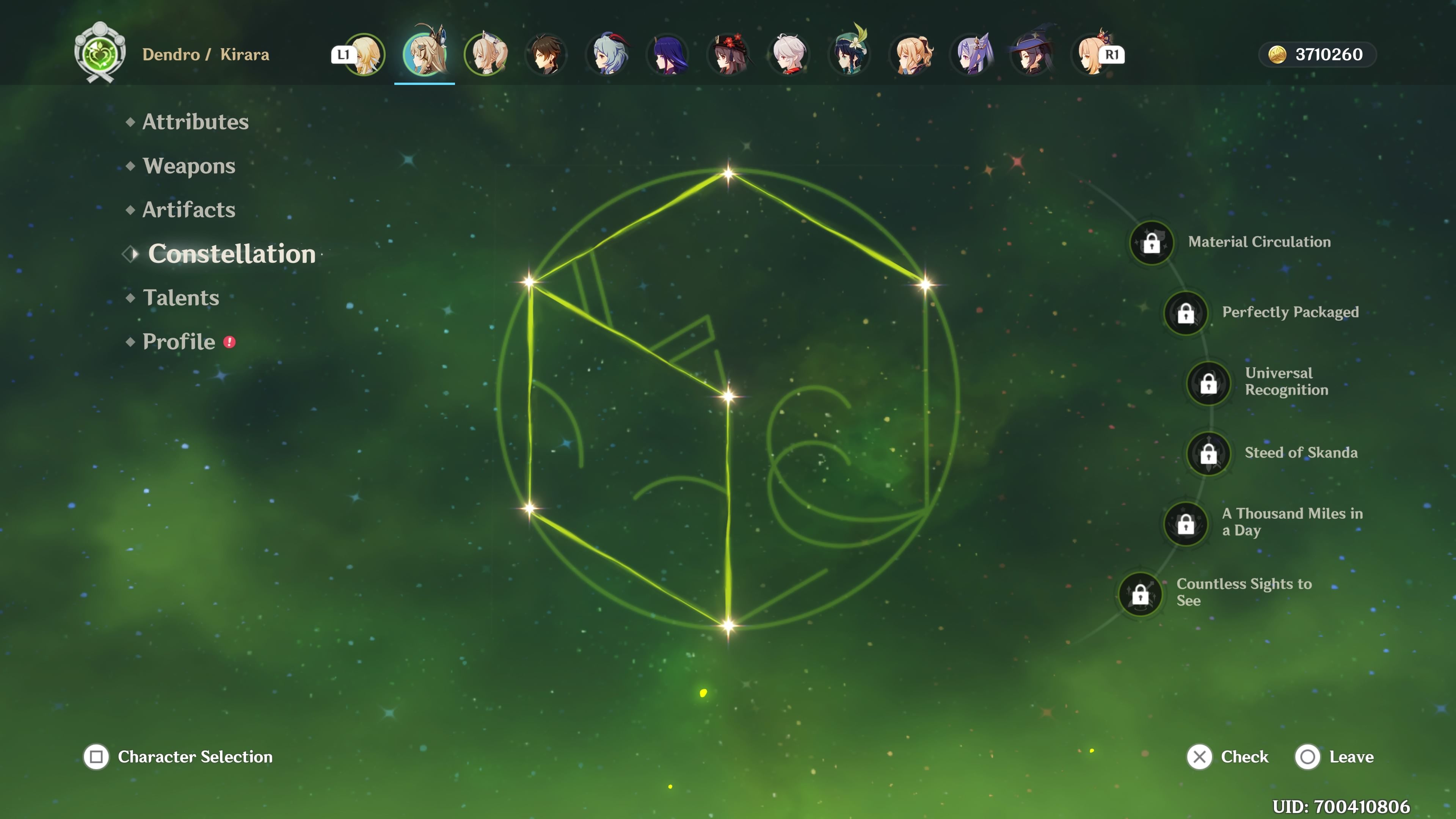 Genshin Impact: Kirara's Constellations in the character menu