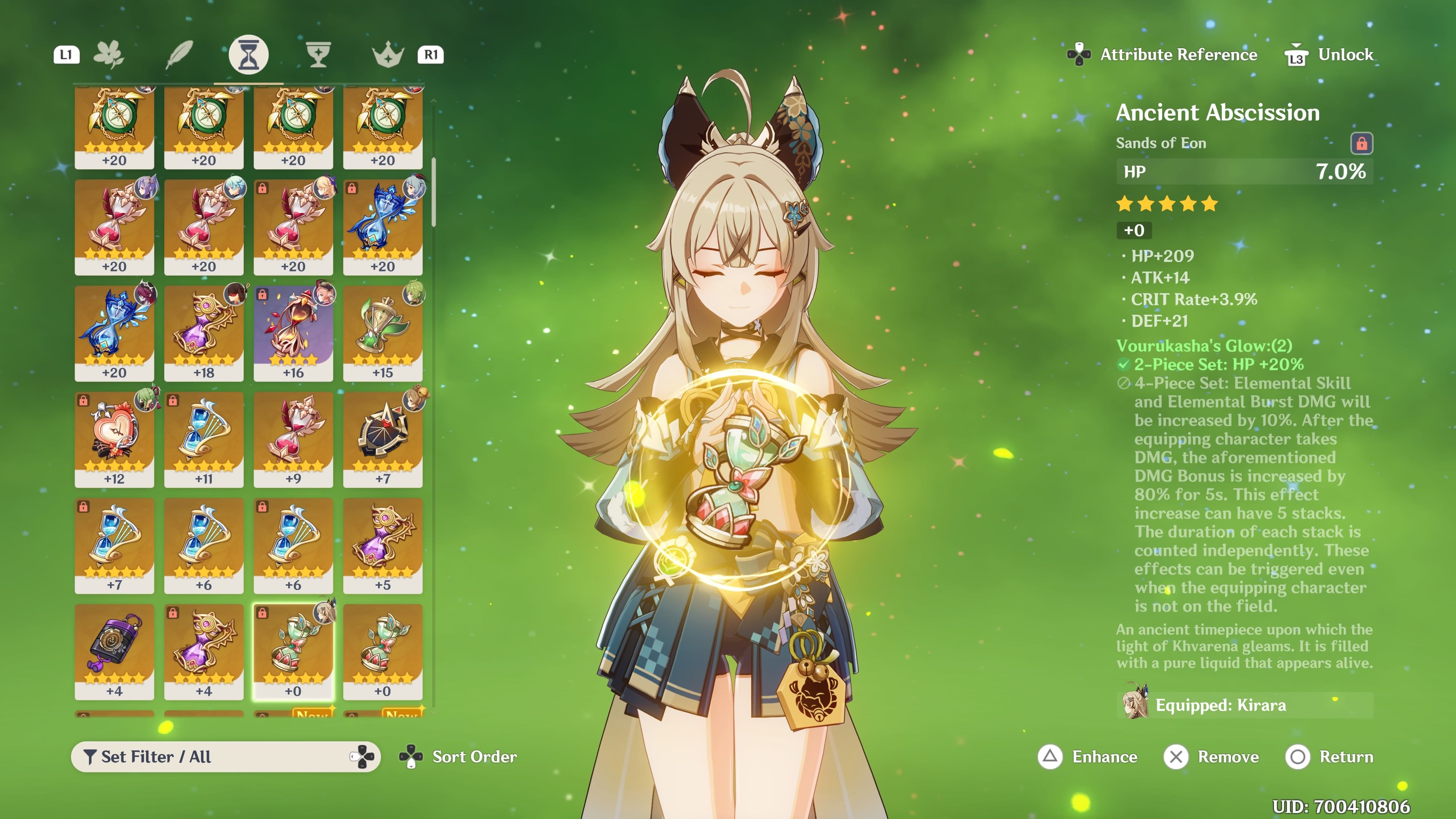 Genshin Impact: Kirara showing her Artifacts in the character menu