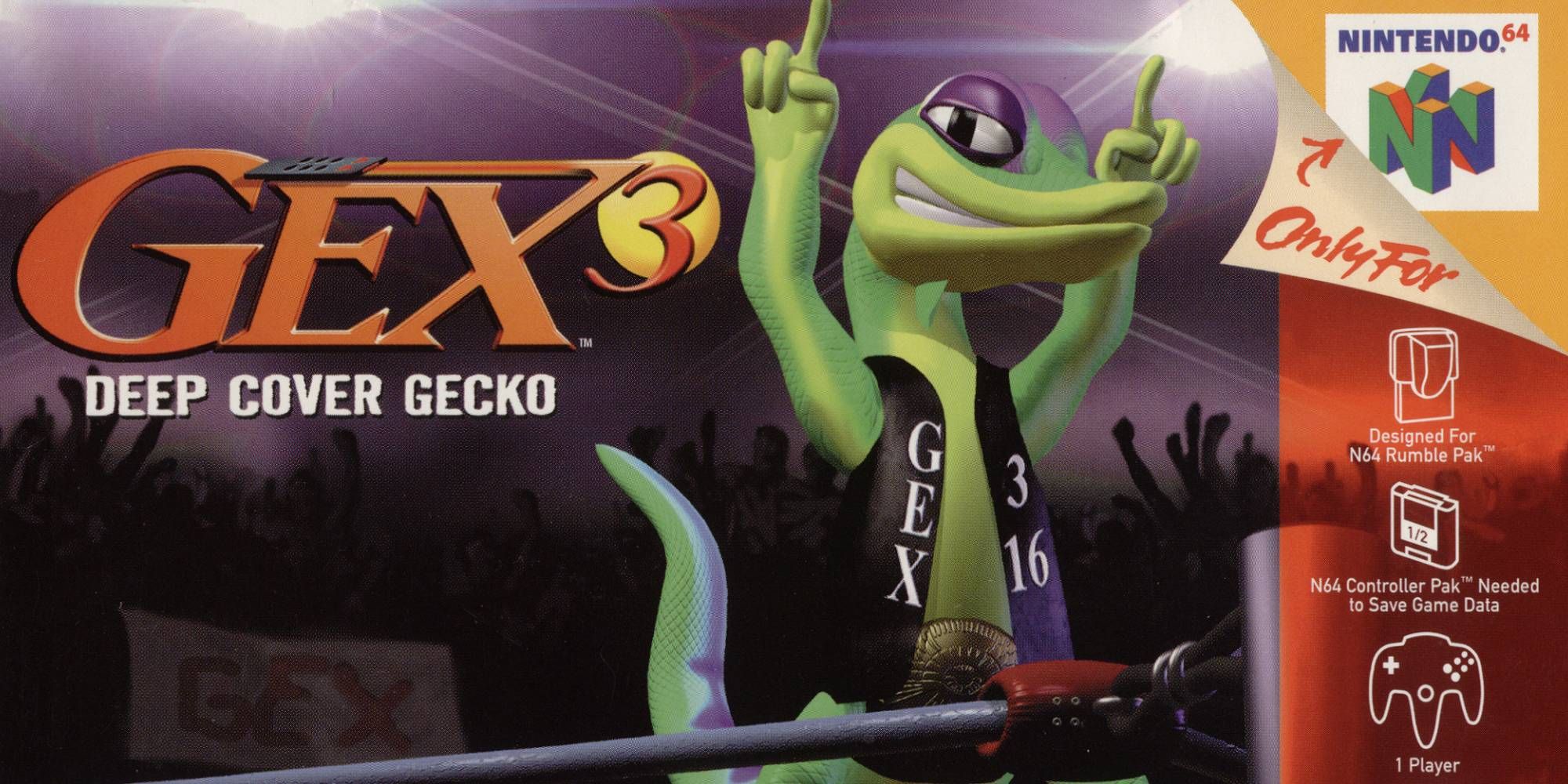 A green anthropomorphized gecko poses in a wrestling ring in Gex