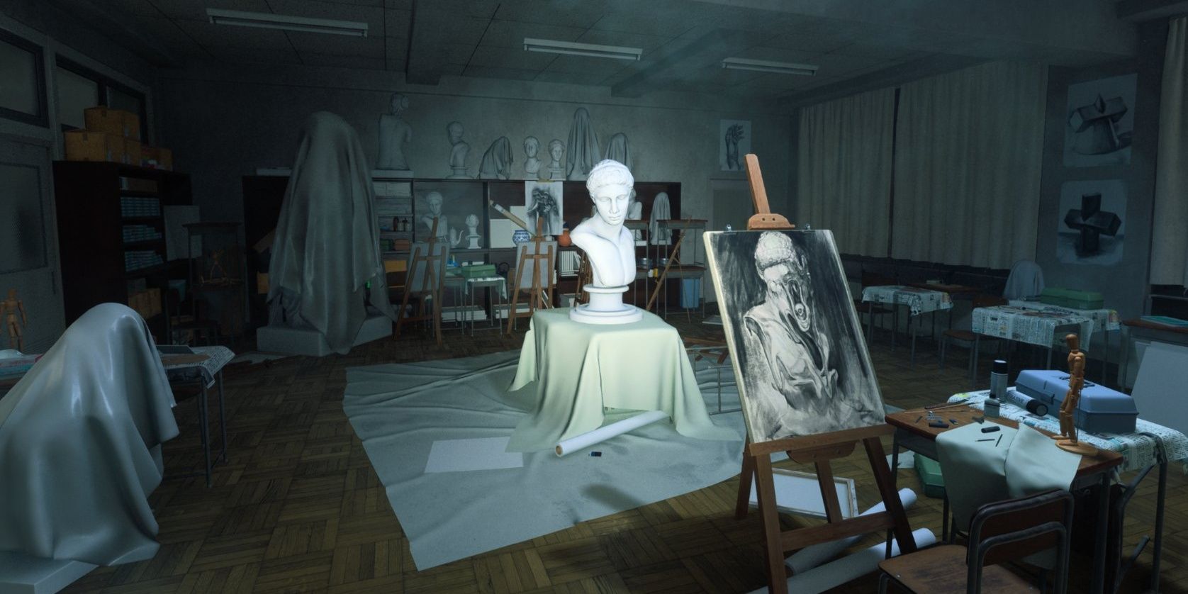 A creepy art room with a marble bust in the center of the room in a class room