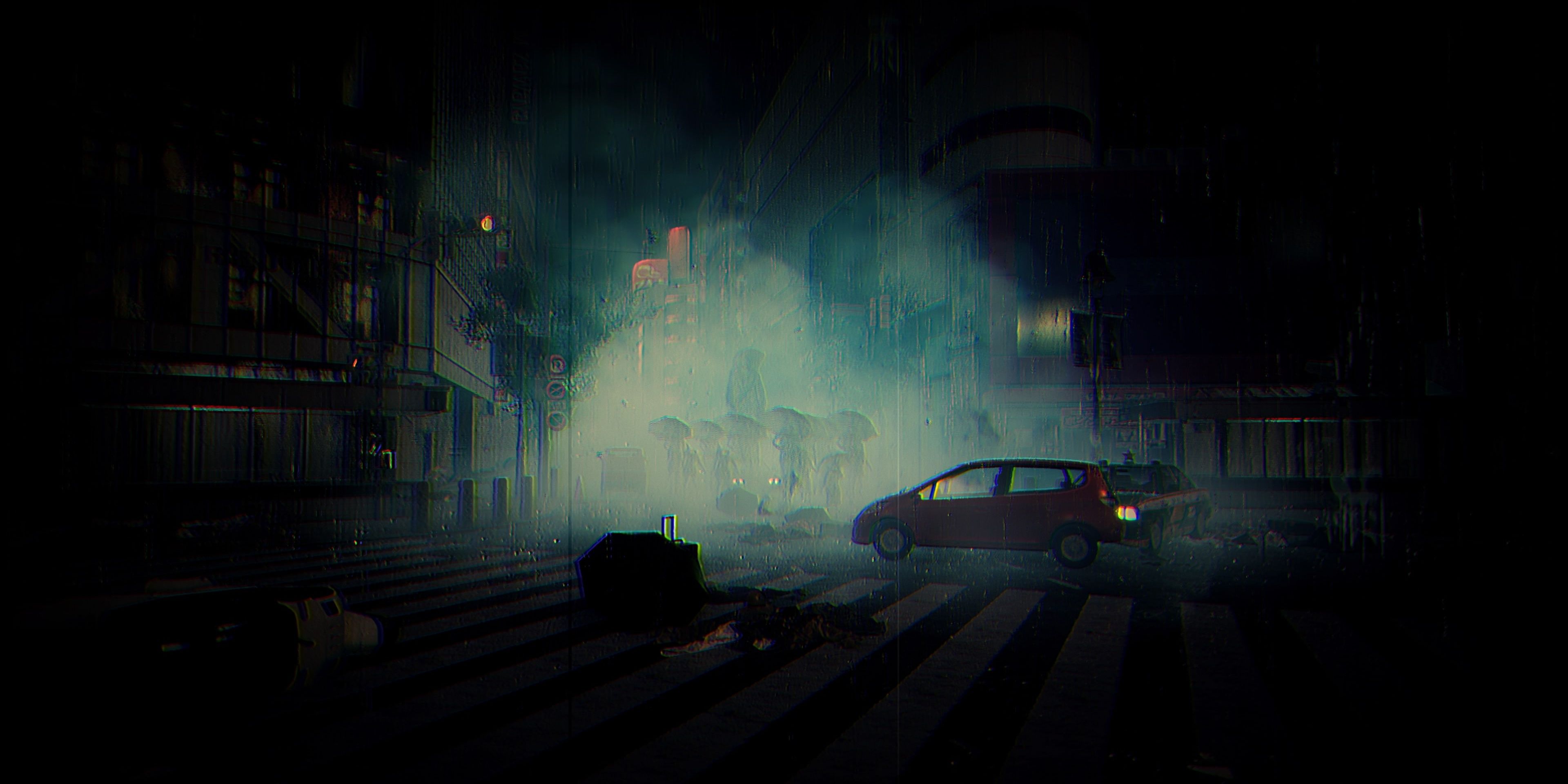 Ghostwire_ Tokyo Cinema Projector filter showing the hyakki yako walking down an empty street