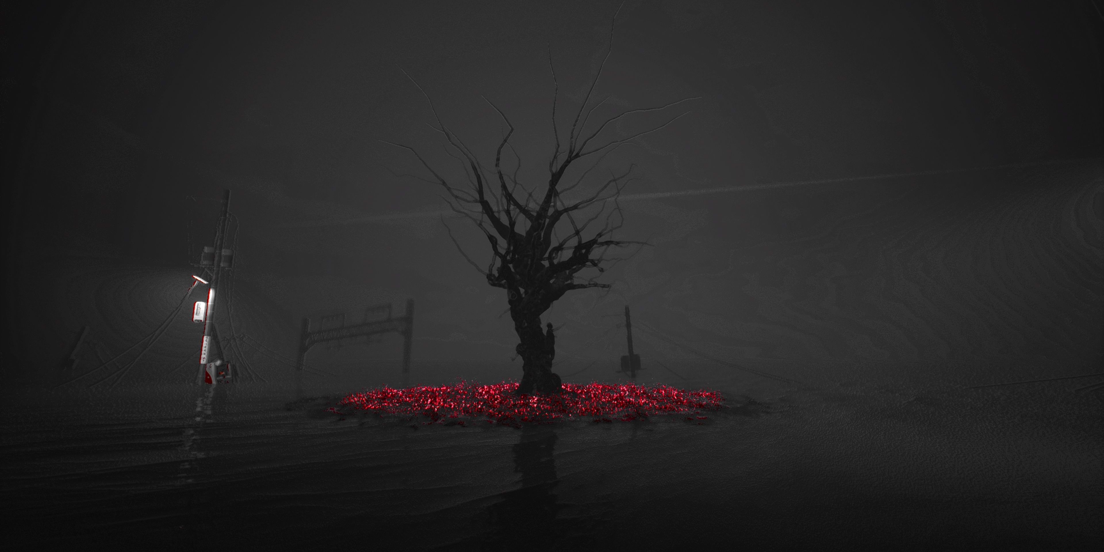 Ghostwire_ Tokyo Red Moon filter showing a tree surrounded by red petals in a vast body of water