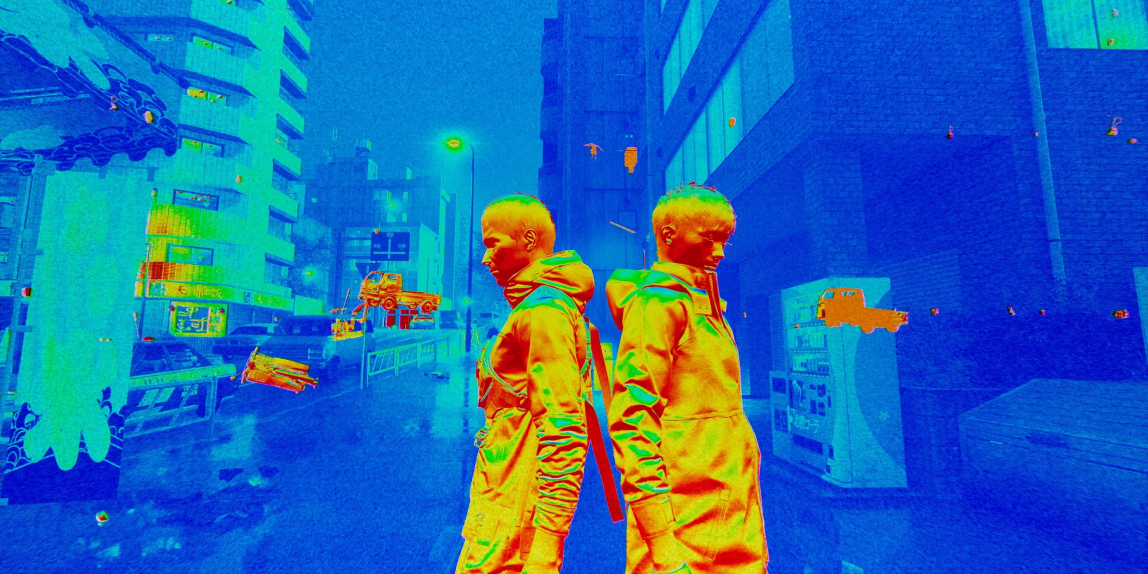 Ghostwire_ Tokyo Thermographic filter showing Akito and KK back to back
