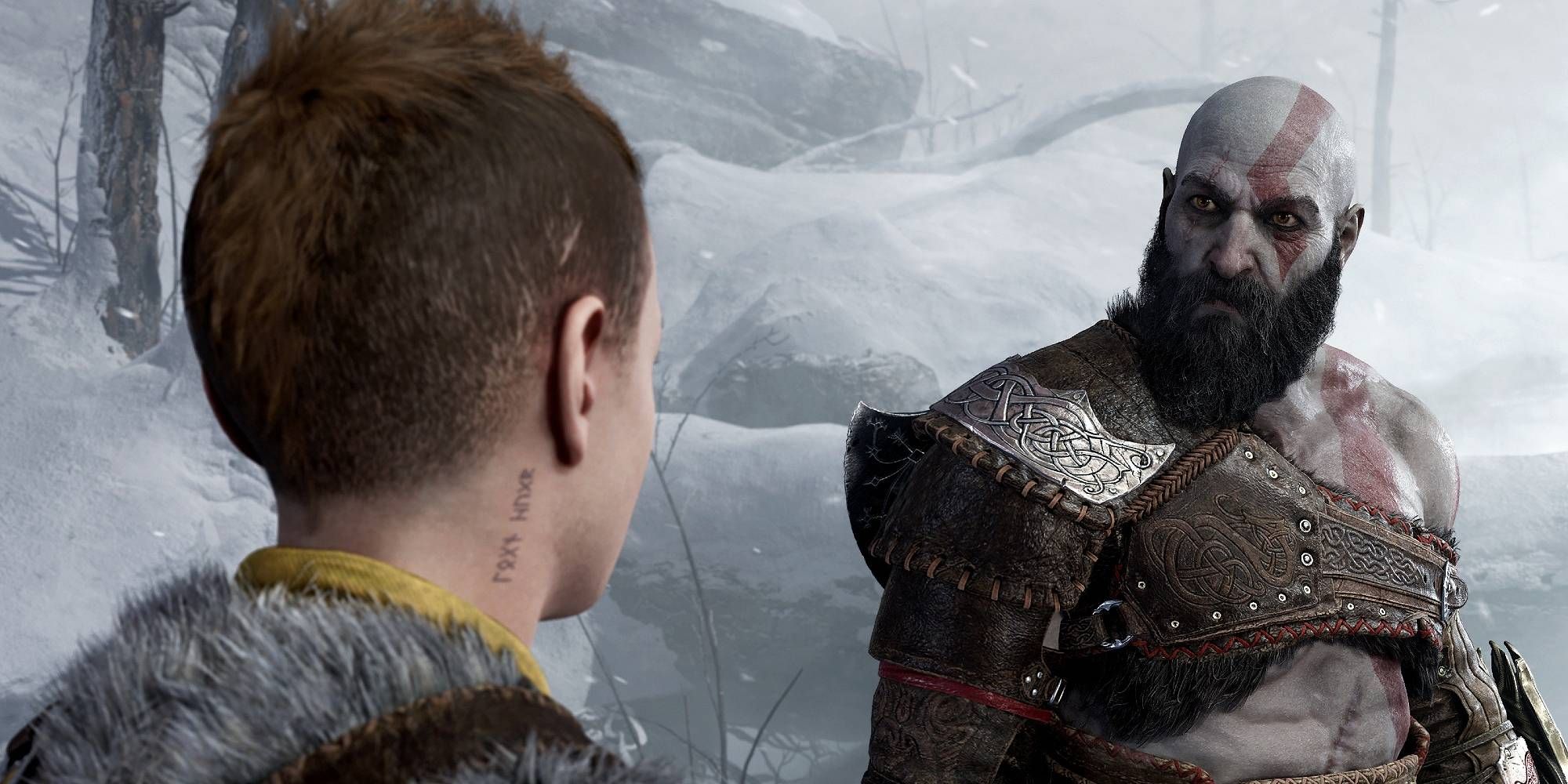 Kratos looks to his son Atreus in a frozen and snowy environment