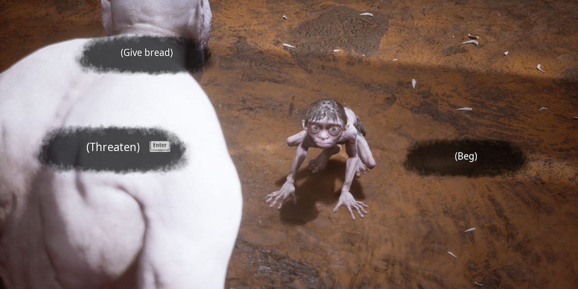 Gollum with the option to beg, threaten, or give bread to an orc in the foreground
