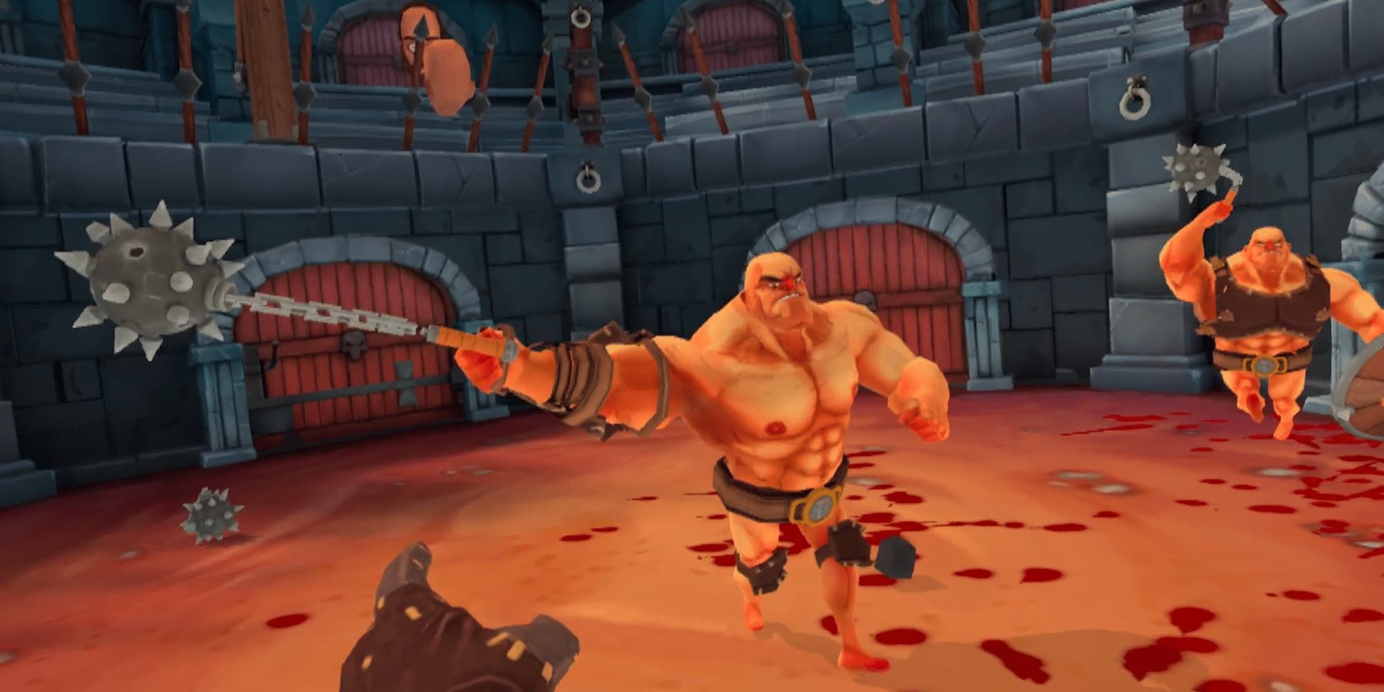 Two gladiators attack the player with maces on Gorn.