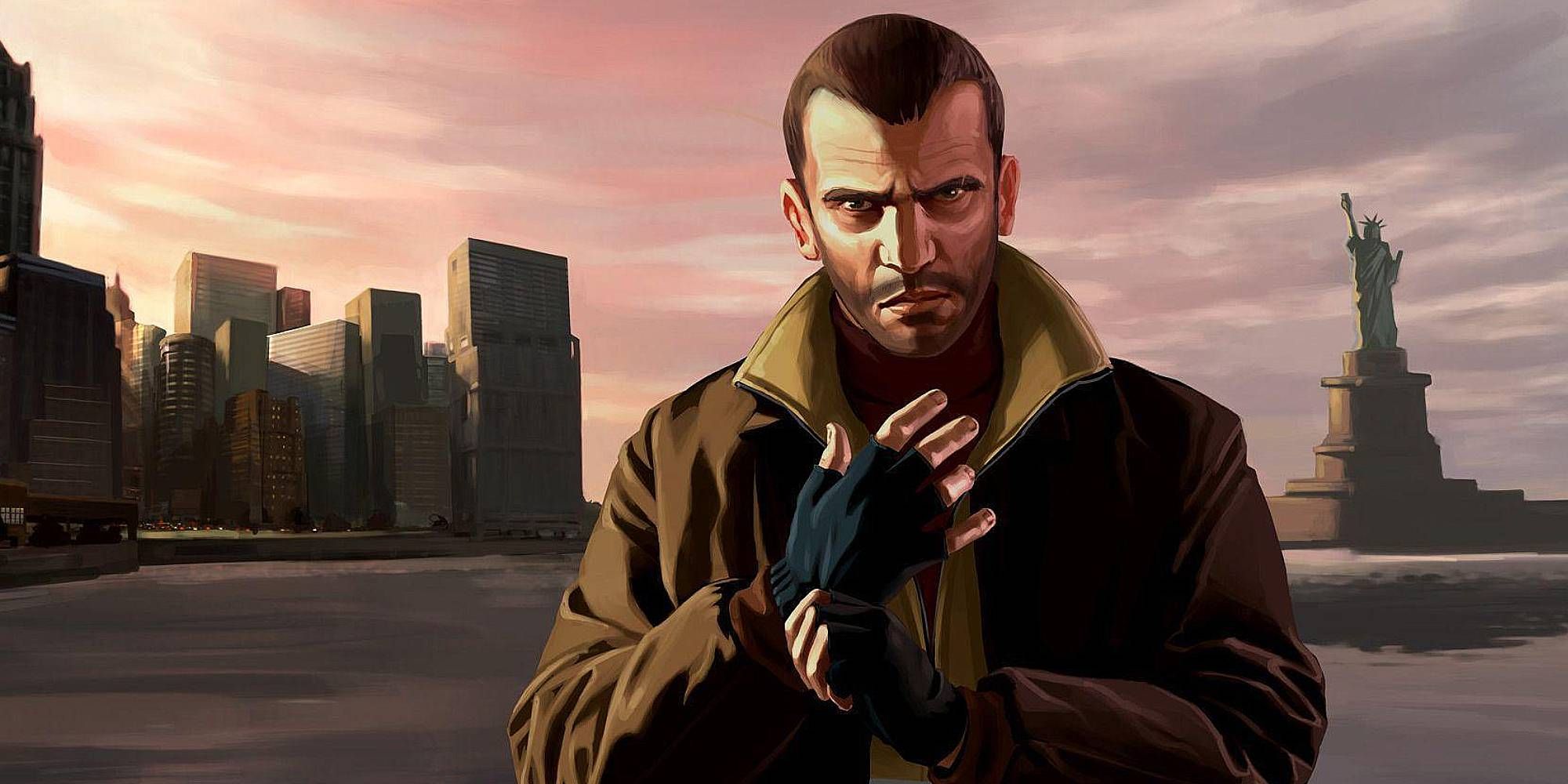 Niko Bellic from Grand Theft Auto 4 stands with Liberty City in the background