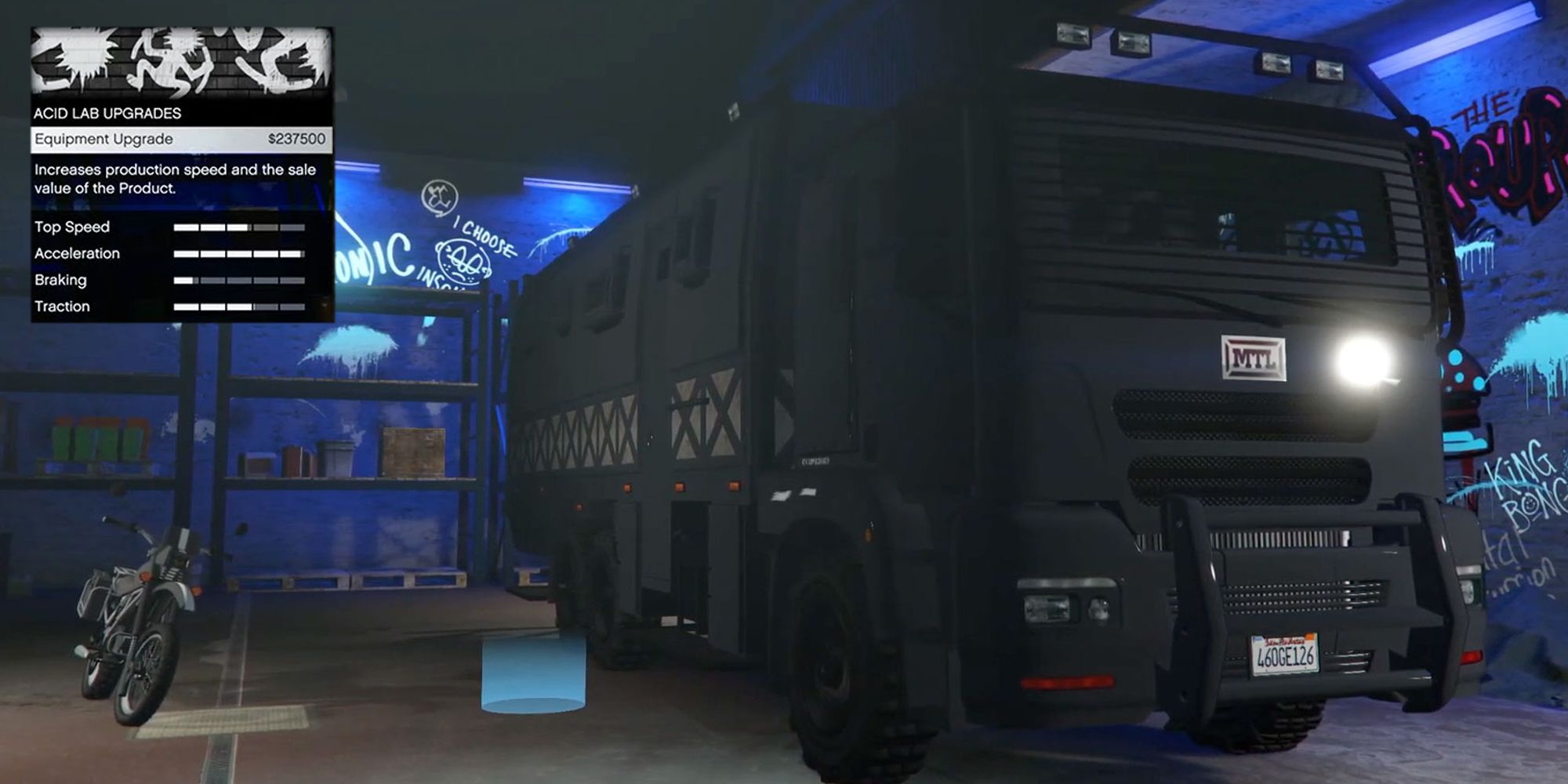 The image shows the Acid Lab truck in the Freakshop in Grand Theft Auto Online, with the Equipment Upgrade option box on the left side.