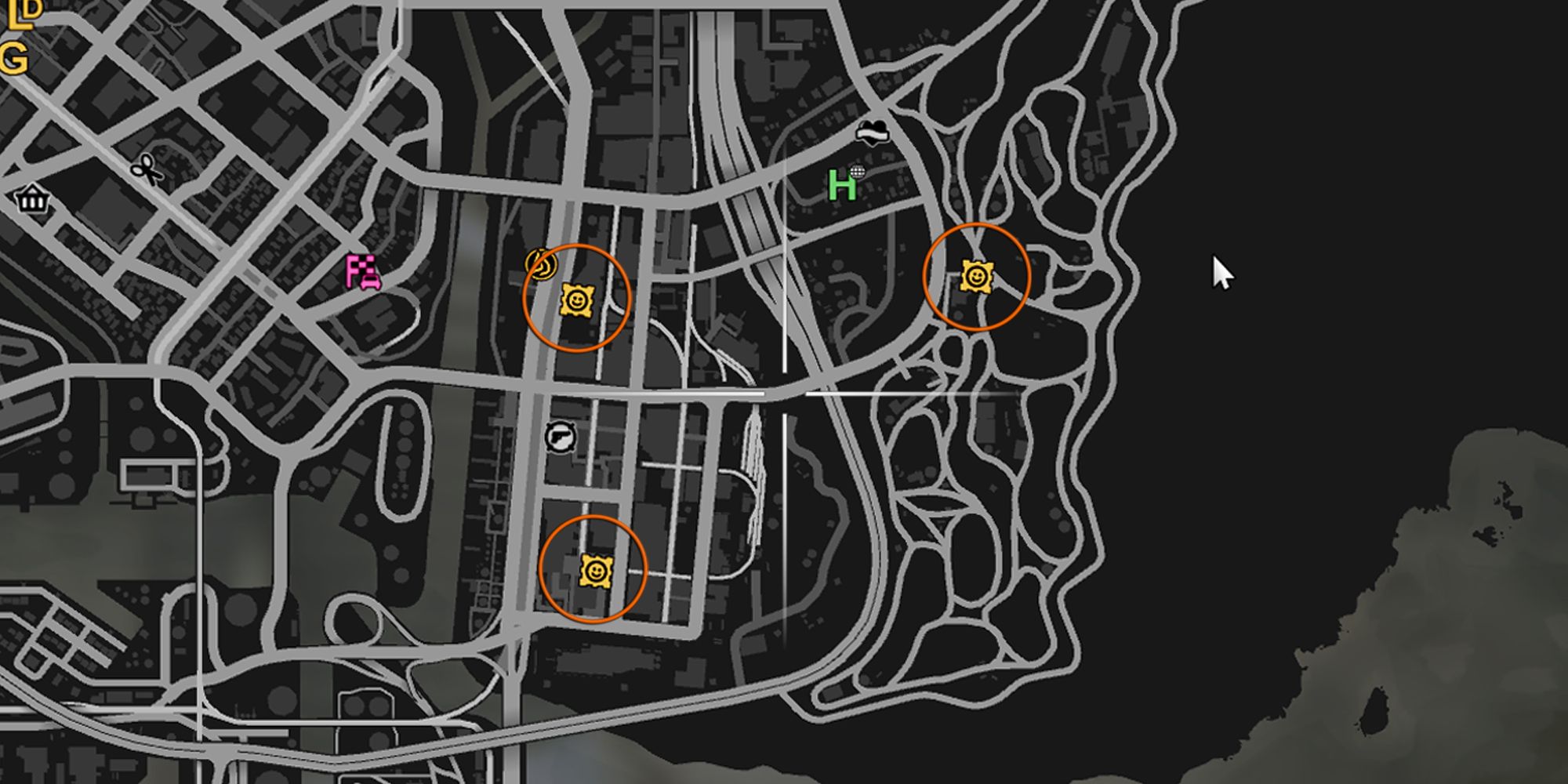 The image shows the Grand Theft Auto Online map with three yellow squares with smiley faces in the center.  These are highlighted with an orange circle.