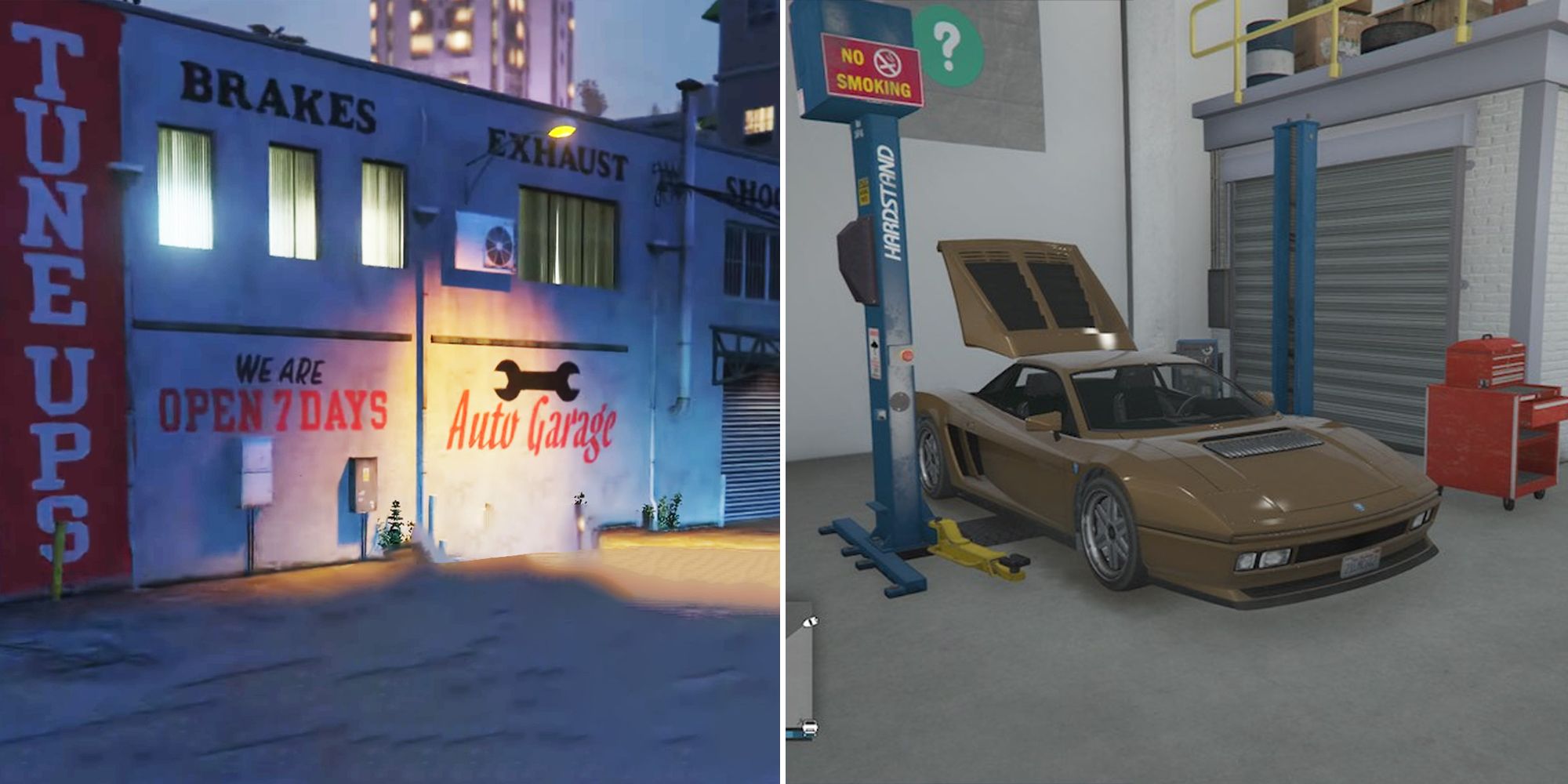 Grand Theft Auto Online Outside Auto Shop and Car On Car Lift