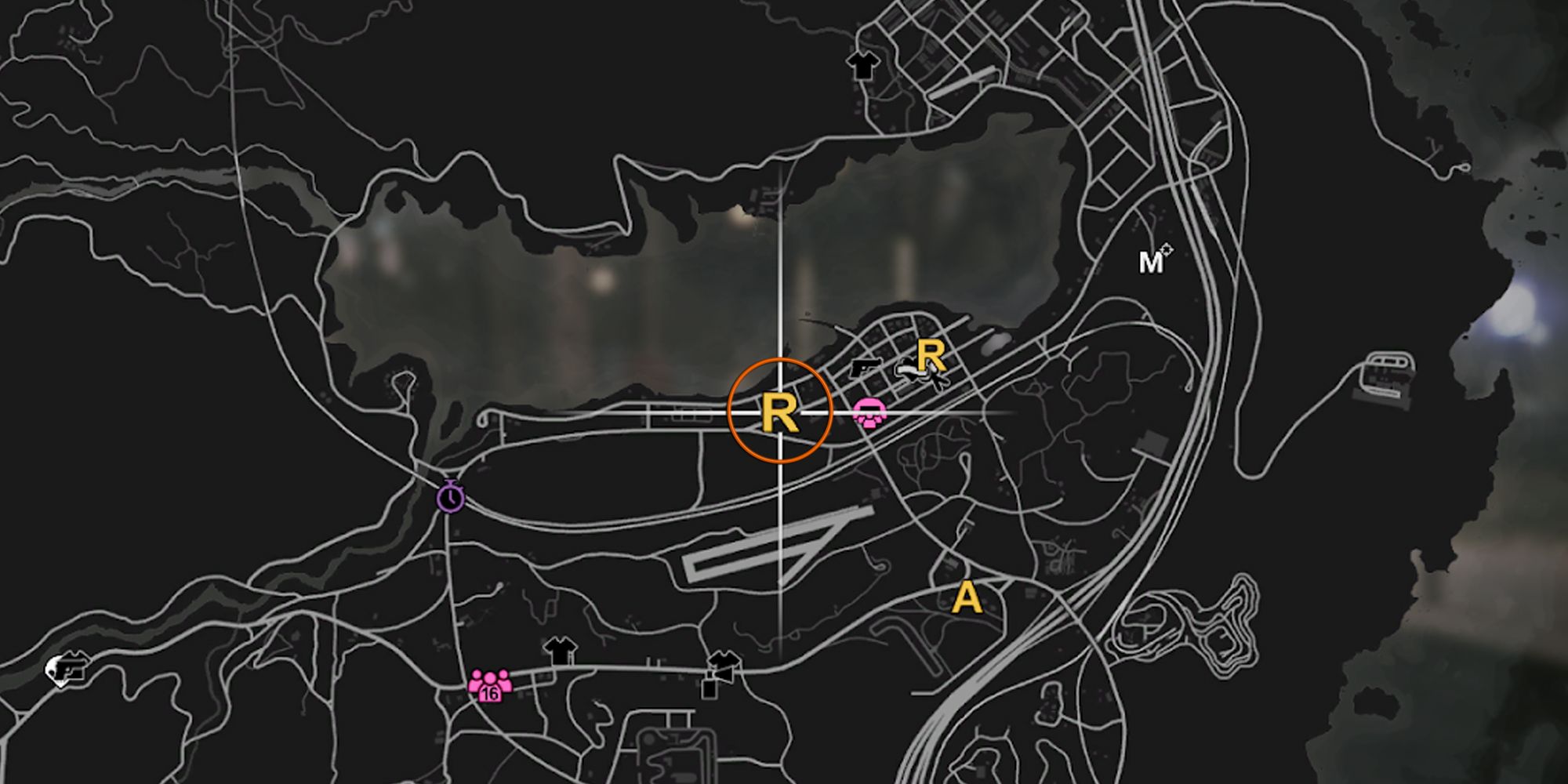The image shows the Grand Theft Auto Online map with the yellow 'R' in Sandy Shores, indicating Ron's location.