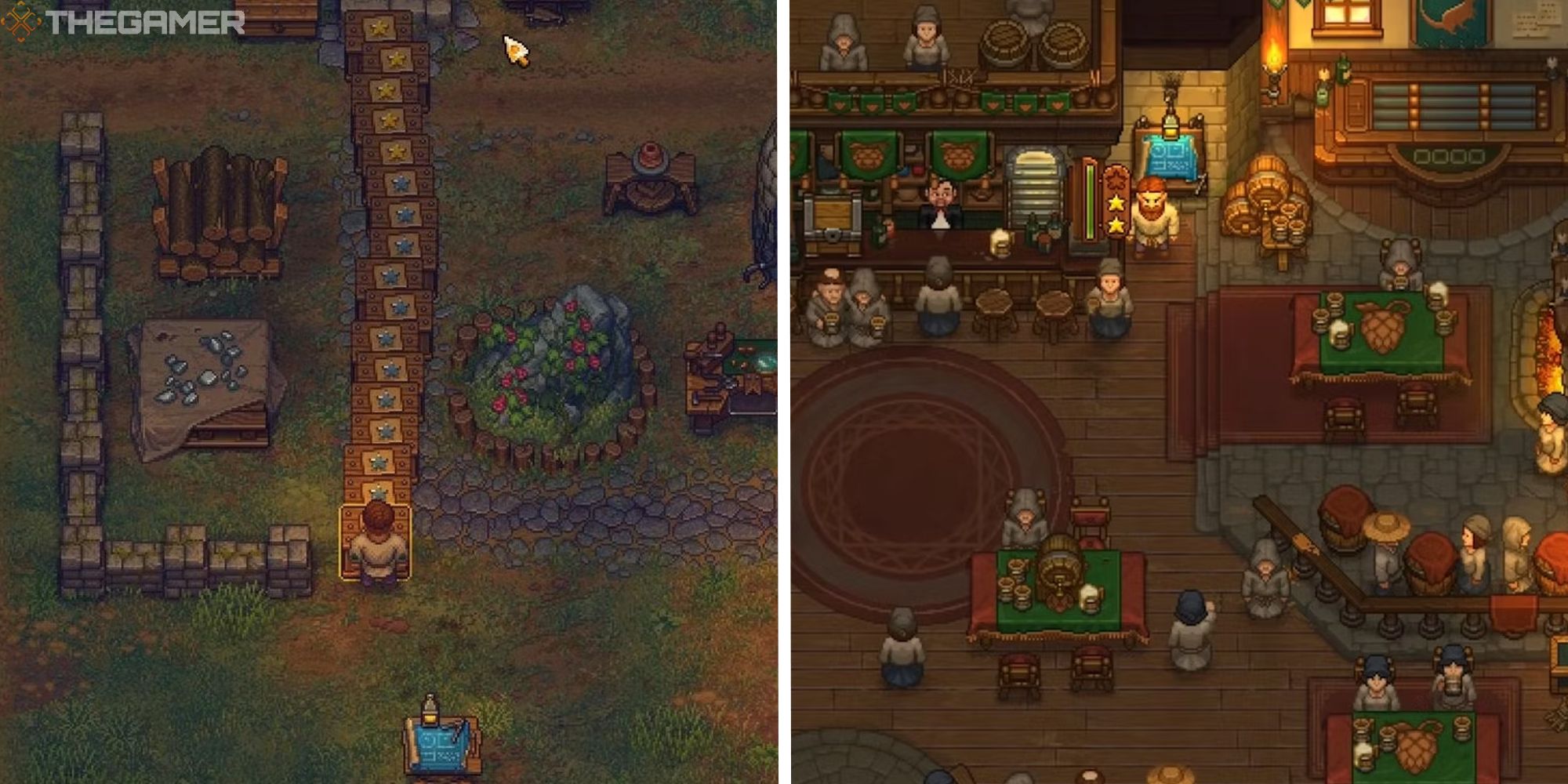 split image showing player with produce crates next to image of talking skull tavern