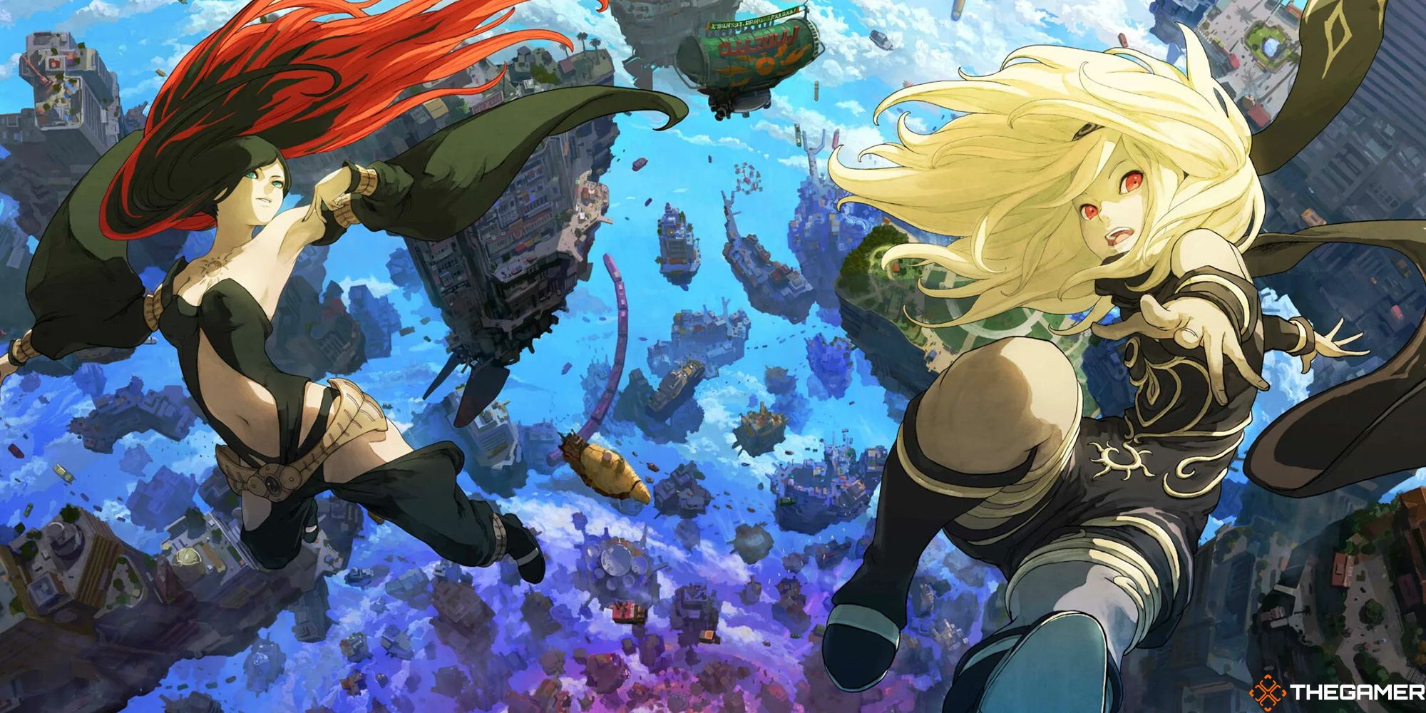 Kat and Raven falling through the sky in Gravity Rush 2