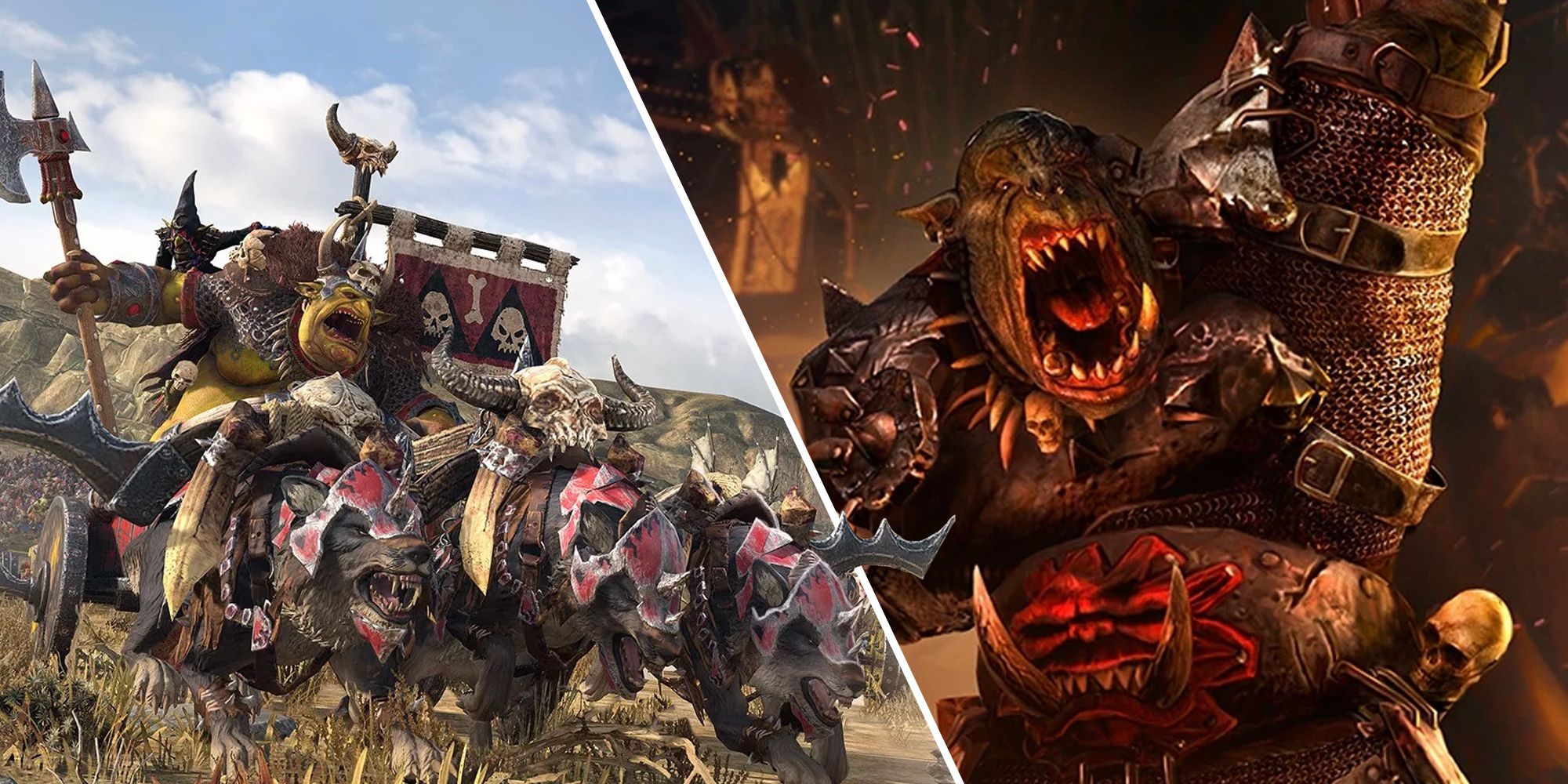 greenskin chariot and black orc general ready for battle in total war warhammer 3