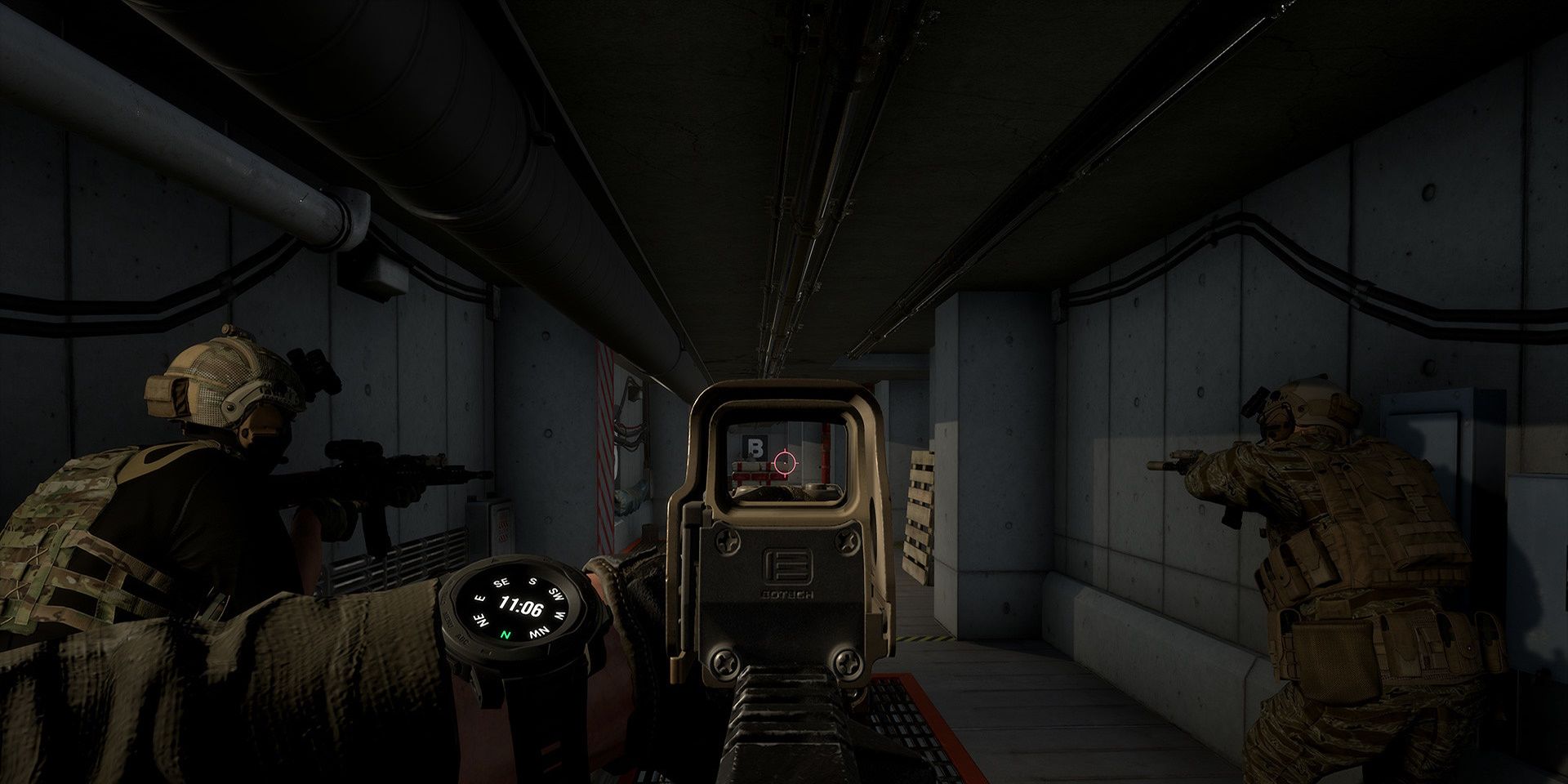 Players aiming down a corridor in Ground Branch