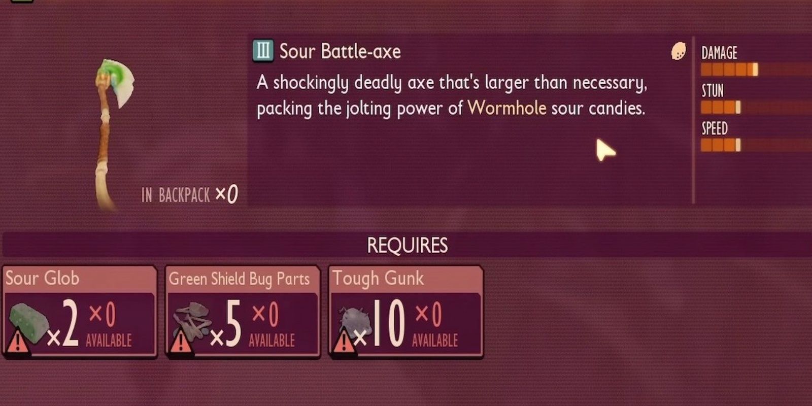 The Sour Battle-axe and its crafting requirements in Grounded.