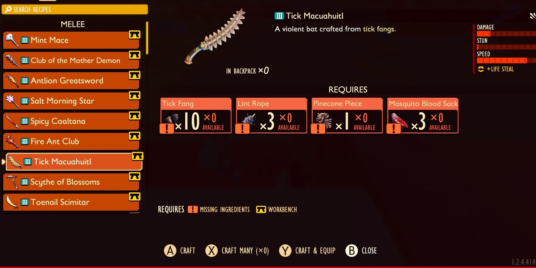 The Tick Macuahuitl and its crafting requirements in Grounded.
