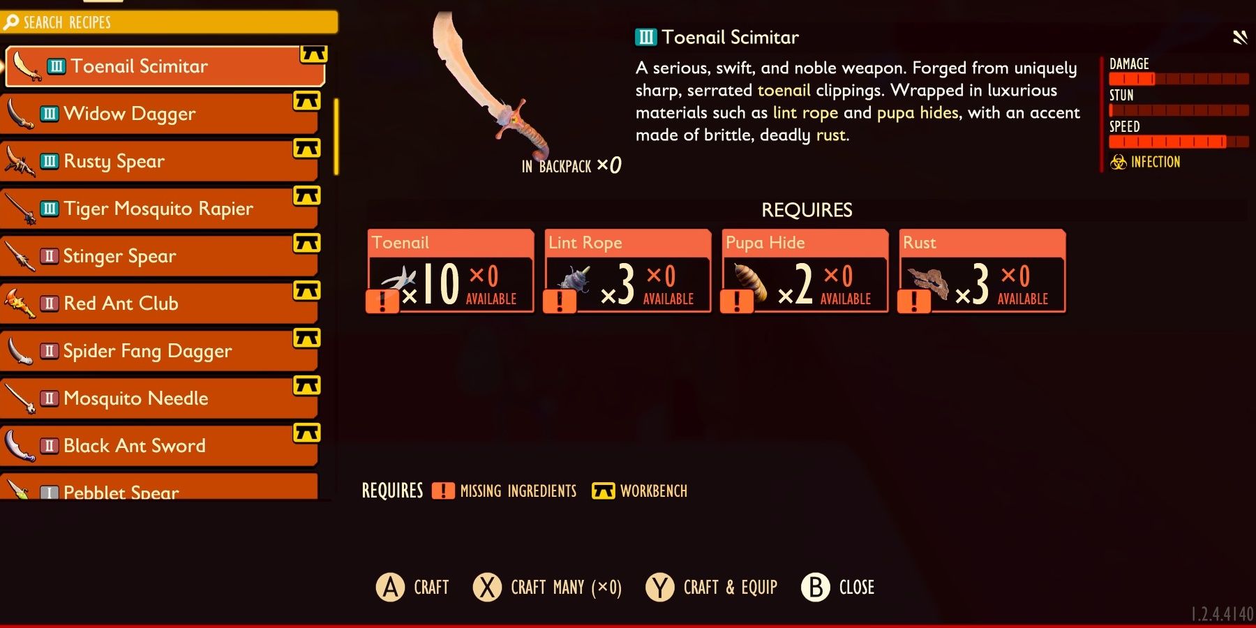 The Toenail Scimitar and its crafting requirements in Grounded.