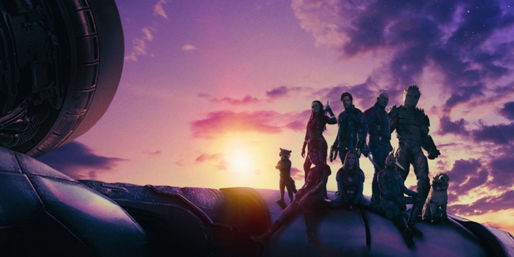 Guardians of the Galaxy Vol 3 poster showing Rocket Raccoon, Gamora, Star-Lord, Drax, Groot, Nebula, Mantis, Kraglin, and Cosmo sitting on a spaceship at sunset