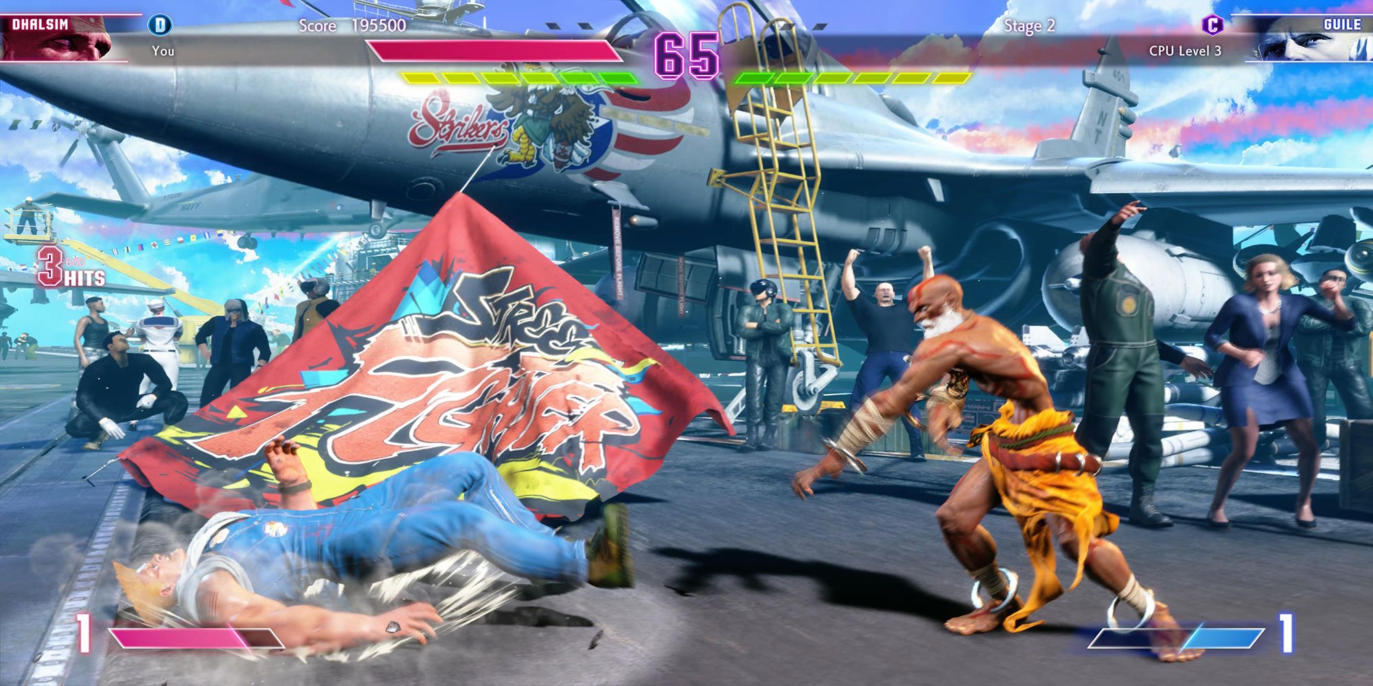 Dhalsim throws Guile to the ground during a Normal Match at Carrier Byron Taylor in Street Fighter 6.