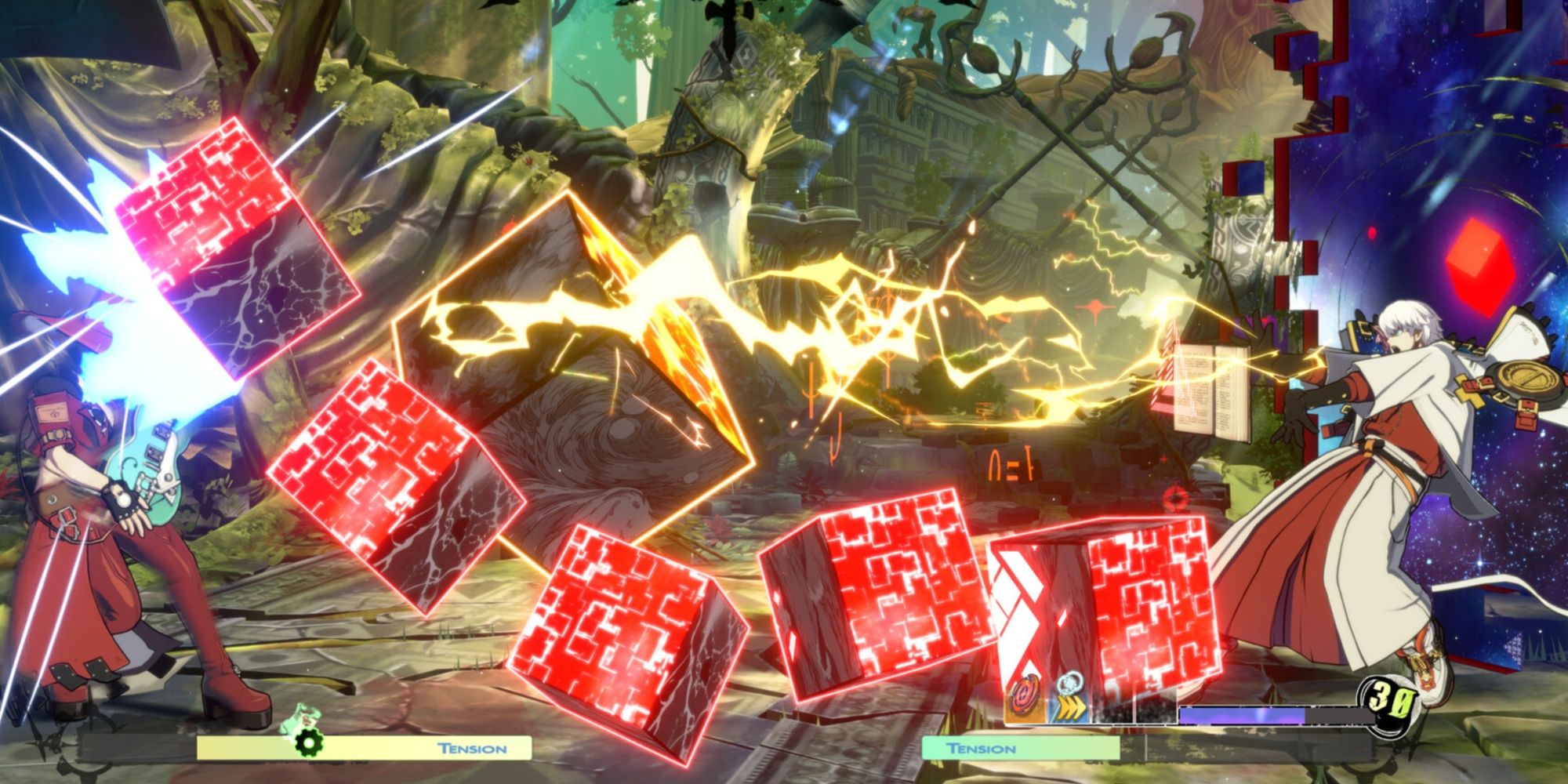 Asuka R# casting an onslaught of Cubes at I-No via his Grimoire in Guilty Gear Strive
