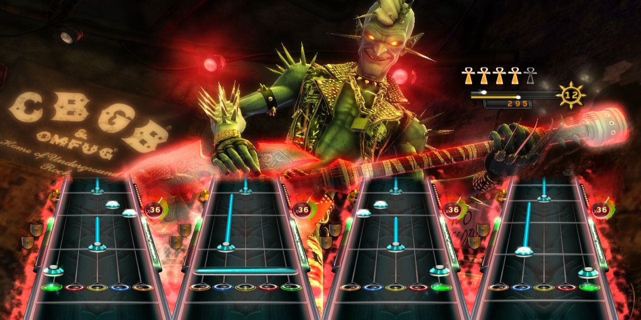 An intense four player battle in Guitar Hero Warriors of Rock