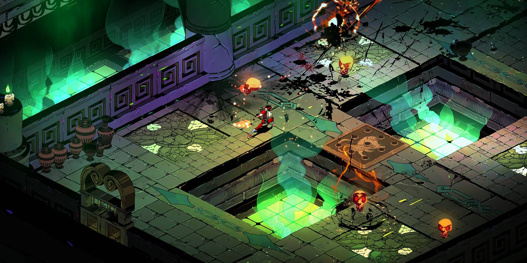 An isometric view of a crimson clad figure fighting floating skeletons in a stony room