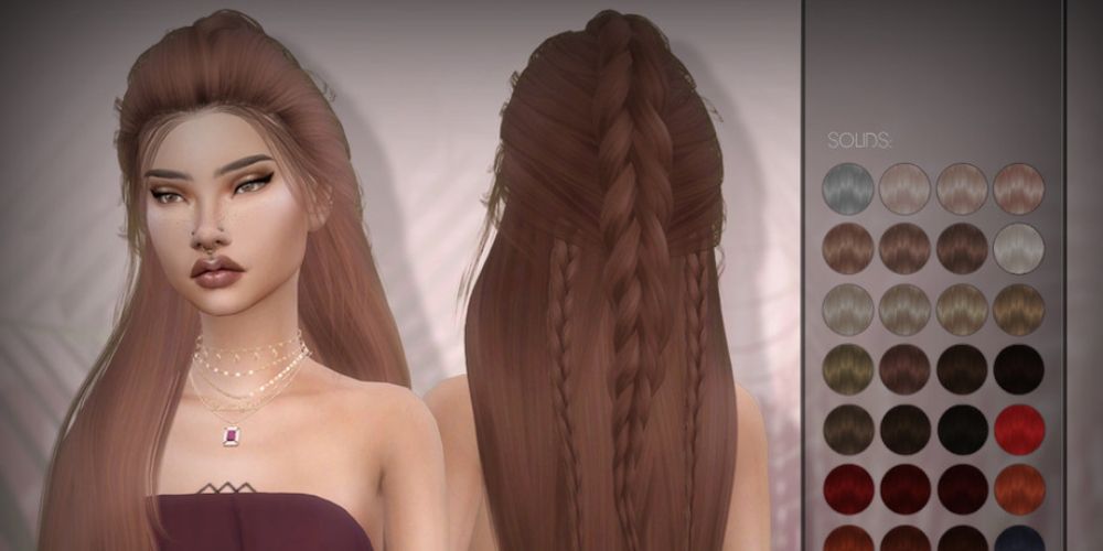 A front and back view of Sim with custom long brown hair with braids next to different possible hair colors