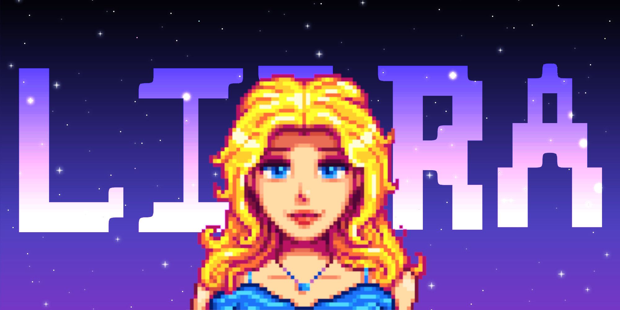 Haley from Stardew Valley in front of a pixel star background and text reading %22Libra%22