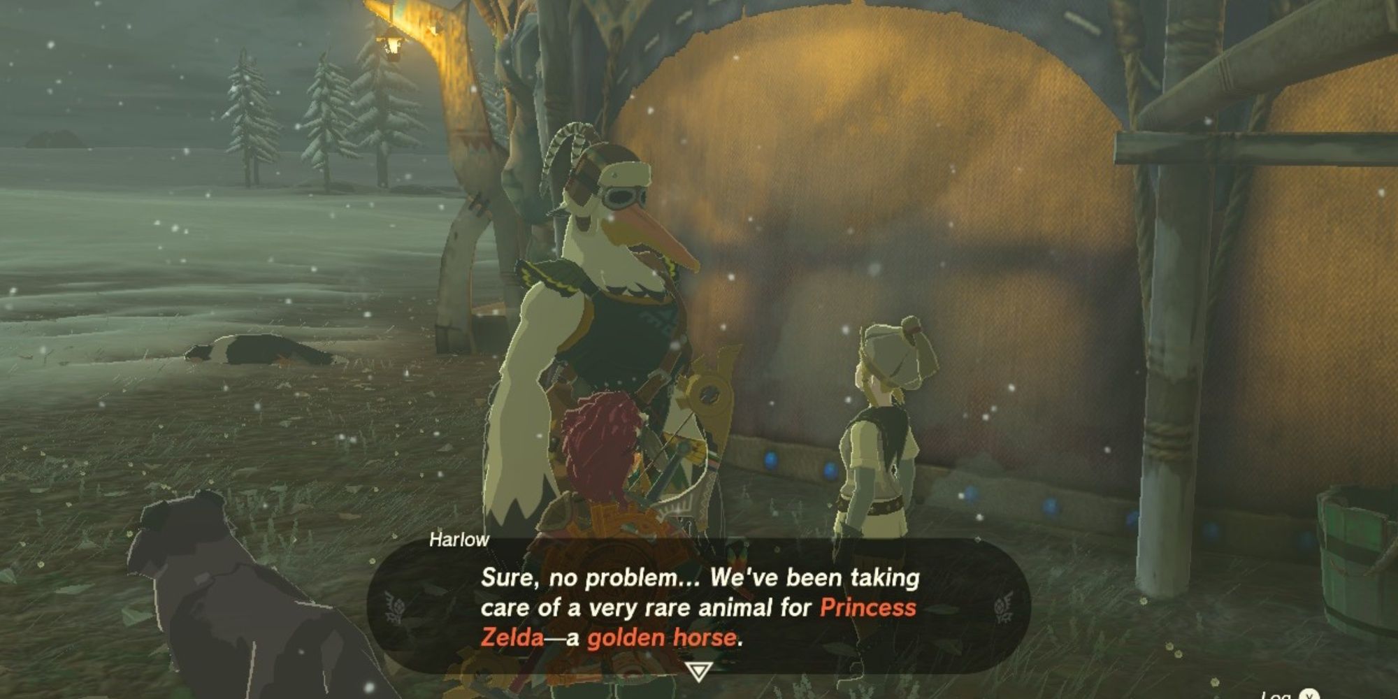 Harlow speaking to Link and Penn about Zelda's golden horse in Tears of the Kingdom