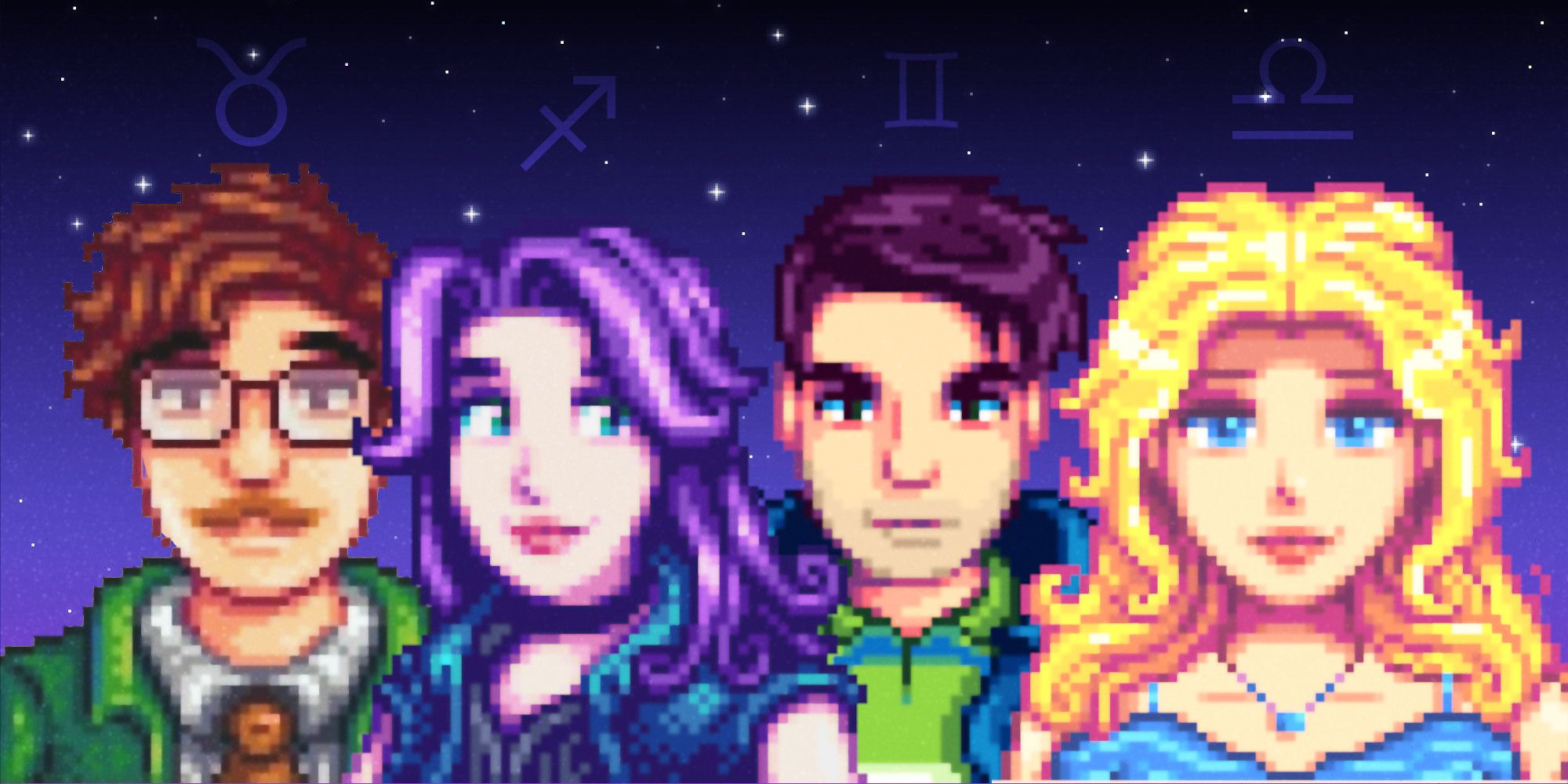 Harvey, Abigail, Shane, and Haley from Stardew Valley in front of a pixel star background with faint zodiac symbols above them